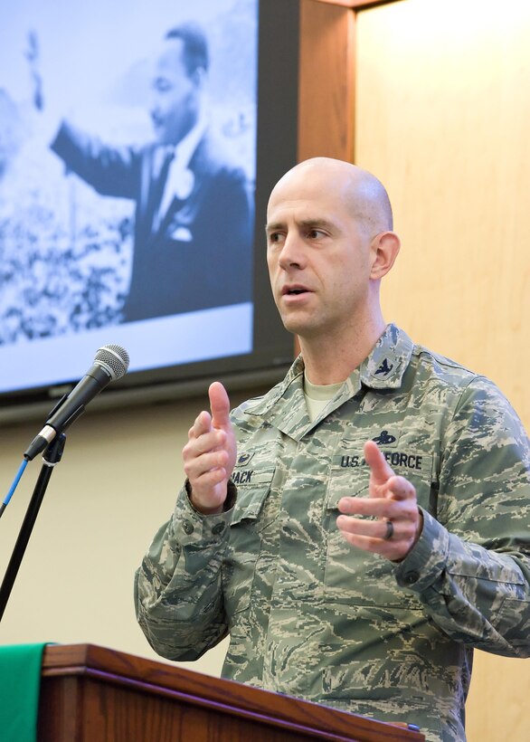 Col. Tyler Knack, 436th Maintenance Group commander, speaks to Team Dover members in attendance for the tribute to Dr. Martin Luther King, Jr., Jan. 19, 2017, at the base chapel on Dover Air Force Base, Del. As the guest speaker, Knack educated attendees with trivia and facts about King’s life and accomplishments until his assassination on April 4, 1968 in Memphis, Tenn. (U.S. Air Force photo by Roland Balik)