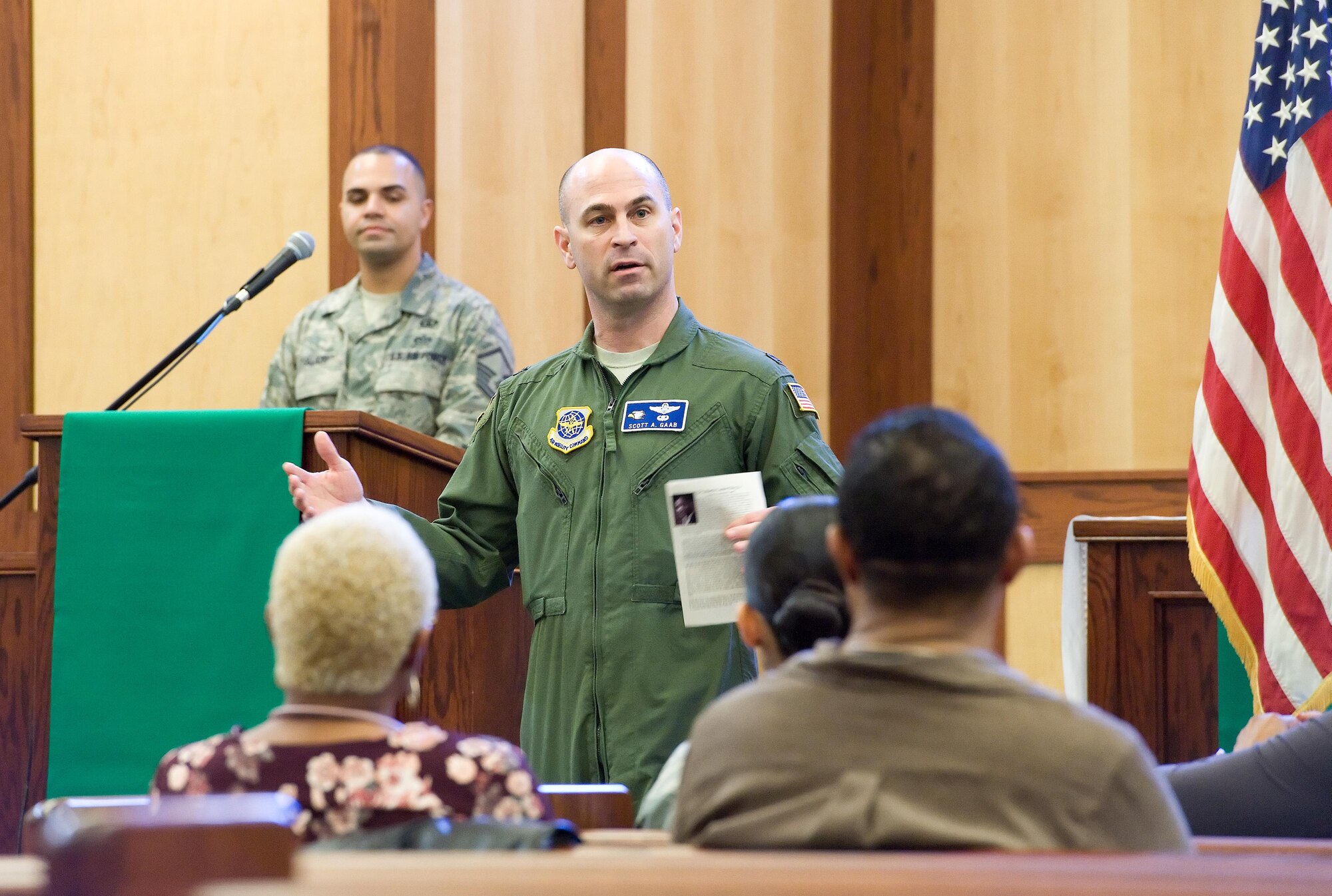 Col. Scott Gaab, 436th Airlift Wing vice commander, makes closing remarks at the tribute to Dr. Martin Luther King, Jr., Jan. 19, 2017, at the base chapel on Dover Air Force Base, Del. Gaab thanked the Equal Opportunity Office, attendees and all those involved with the planning and performance of the tribute. (U.S. Air Force photo by Roland Balik)