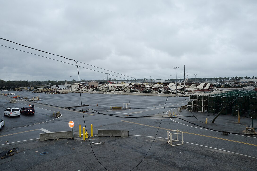 A building and several other structures on Marine Corps Logistics Base Albany lay in ruins following a tornado, Jan. 23, 2017. A line of strong thunderstorms produced a tornado that passed through the Albany, Georgia community and Marine Corps Logistics Base Albany carving a path of destruction leaving the landscape strewn with broken trees, downed power lines and damaged structures, Jan. 22, 2017.