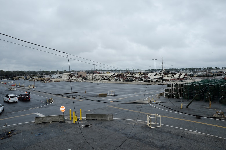 A building and several other structures on Marine Corps Logistics Base Albany lay in ruins following a tornado, Jan. 23, 2017. A line of strong thunderstorms produced a tornado that passed through the Albany, Georgia community and Marine Corps Logistics Base Albany carving a path of destruction leaving the landscape strewn with broken trees, downed power lines and damaged structures, Jan. 22, 2017.