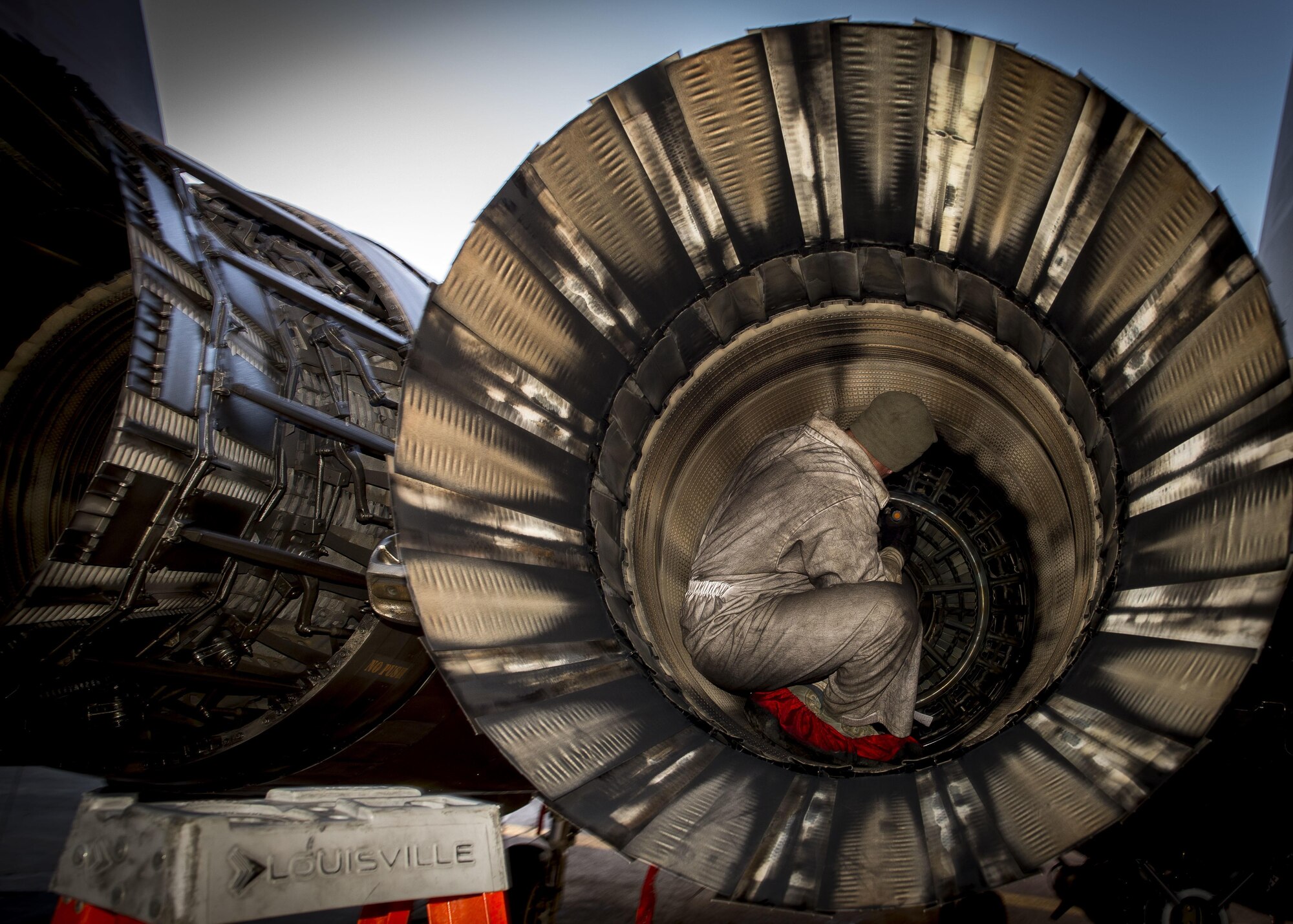 Staff Sgt. Shane Dewyar, 332nd Expeditionary Maintenance Squadron crew chief, inspects an engine, Jan. 9, 2017, in Southwest Asia. Crew chiefs launch, recover and maintain aircraft striving to provide combat-ready aircraft daily. (U.S. Air Force photo by Staff Sgt. Eboni Reams)