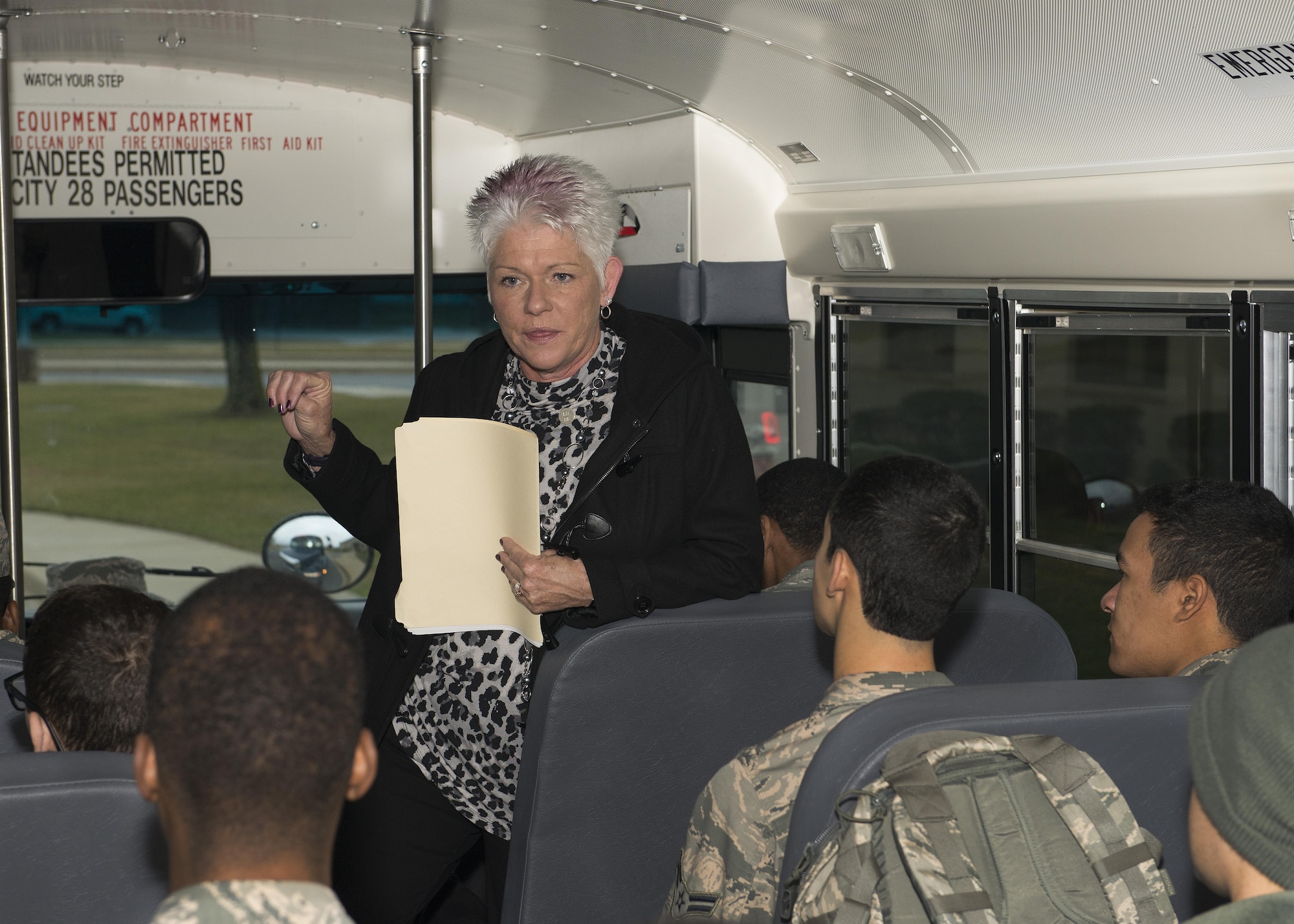 Dawne Nickerson-Banez, 436th Airlift Wing Public Affairs community engagement chief, takes first-term Airmen on a tour of installation facilities Jan. 23, 2017, on Dover Air Force Base, Del. This tour is part of a five-day-long First Term Airmen Center course that all new Airmen go through when arriving at their first duty station. (U.S. Air Force photo by Senior Airman Zachary Cacicia)