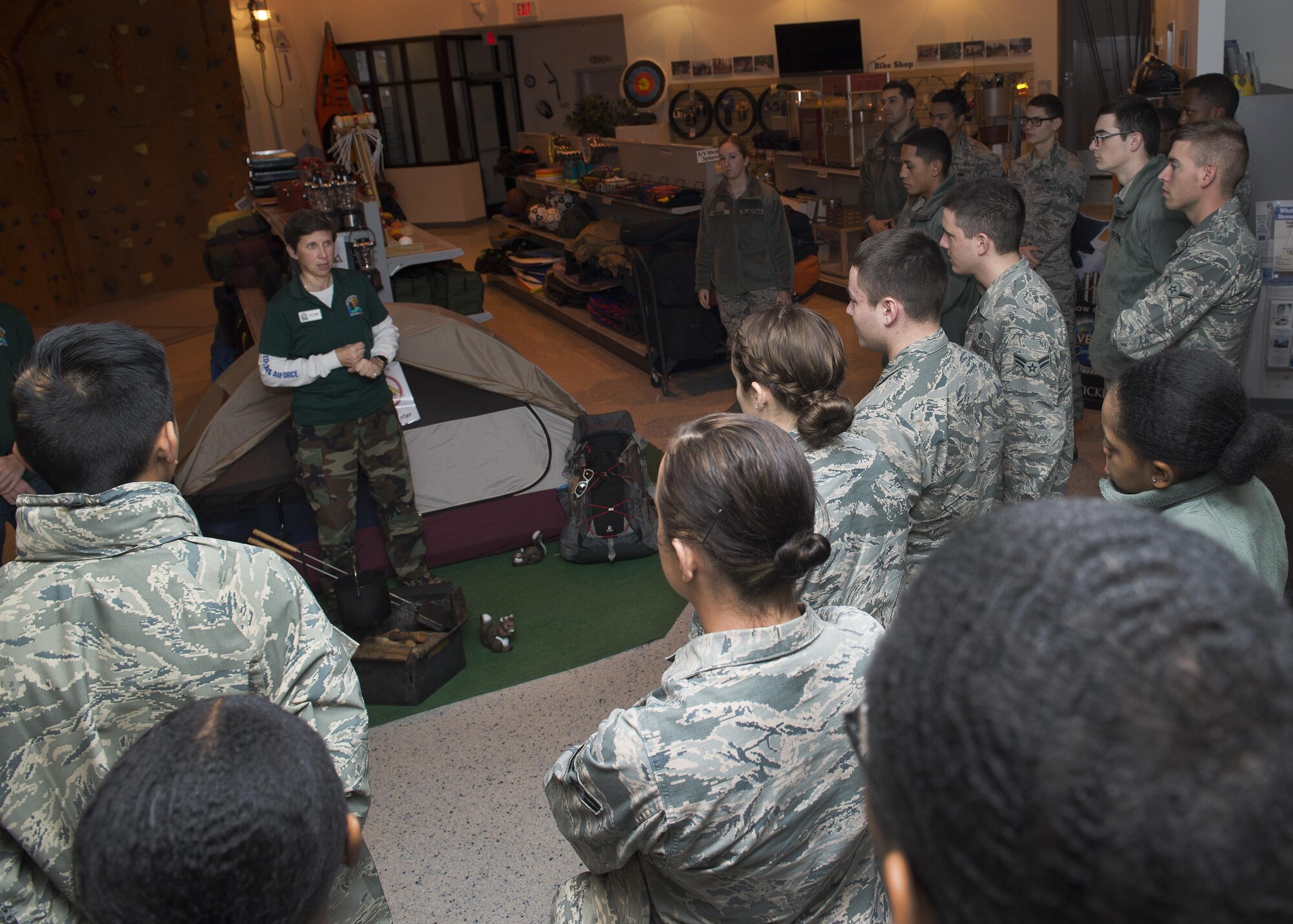 Lisa Kuehnl, 436th Force Support Squadron Outdoor Recreation Center recreation specialist, gives an overview of available services, equipment and programs to first-term Airmen Jan. 23, 2017, on Dover Air Force Base, Del. This tour program began in December 2016, and is organized by Dawne Nickerson-Banez, 436th Airlift Wing Public Affairs community engagement chief. (U.S. Air Force photo by Senior Airman Zachary Cacicia)