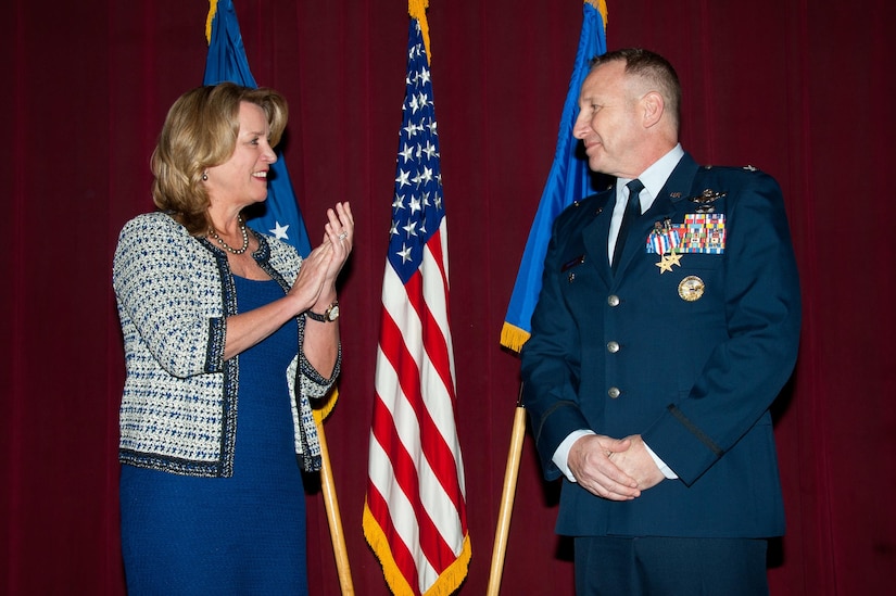 In one of her last official major duties as Air Force secretary, Deborah Lee James applauds after presenting Air Force Col. Christopher C. Barnett two Silver Star medals at Maxwell Air Force Base, Ala., Jan. 19, 2017. Barnett had received the Distinguished Flying Cross for valor for actions in Afghanistan in 2009. A review of the awards upgraded the medals to the Silver Star -- the third highest award for gallantry. Barnett is an instructor at the Air War College. Air Force photo by Melanie Rodgers Cox