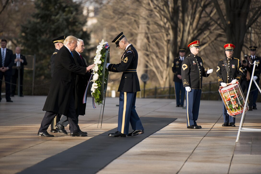 President-elect Donald J. Trump and Vice President-elect  Michael R. Pence place a wreath at the Tomb of the Unknown Soldier at Arlington National Cemetery, Va., Jan. 19, 2017. Army photo by Rachel Larue