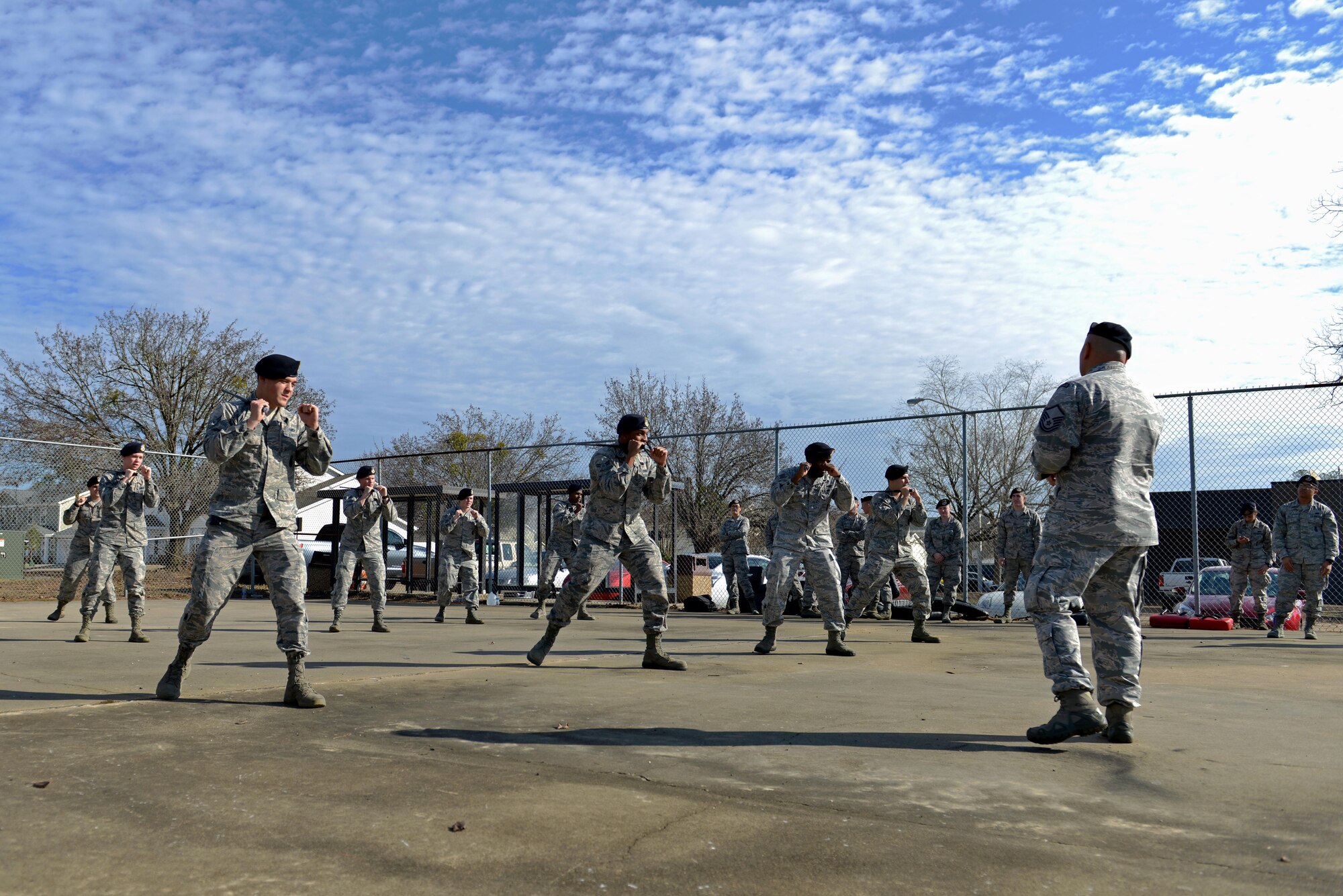 Airmen assigned to the 20th Security Forces Squadron perform baton drills at Shaw Air Force Base, S.C., Jan. 18, 2017. During a use of force training day, 20th SFS Airmen reviewed less-lethal weapons used by law enforcement officers including pepper spray, the Taser and the baton. (U.S. Air Force photo by Airman 1st Class Destinee Sweeney)