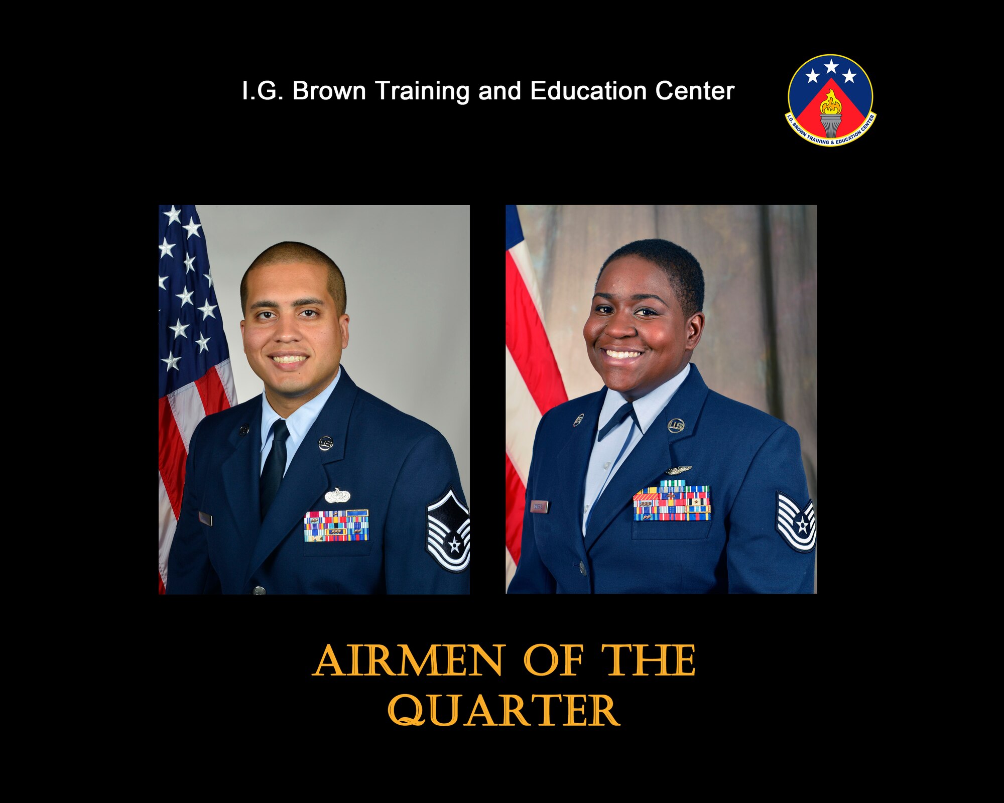 Master Sgt. Jose Santiago, Senior NCO of the quarter, Tech. Sgt. Chalanda Roberts, NCO of the quarter, were recognized for their outstanding service from October to December 2016 at the I.G. Brown Training and Education Center in Louisville, Tenn. (U.S. Air National Guard file artwork)