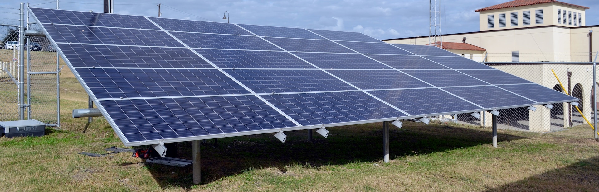 One of three solar array of panels that is located at the microgrid test site at the JBSA-Fort Sam Houston Campbell Memorial Library. The test site was installed as part of a collaborative effort between JBSA and CPS Energy to research the uses and effectiveness of microgrid technology, which can use solar power to produce energy for the library while being disconnected from the electric grid.