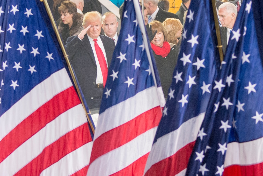 President Donald J. Trump salutes while watching the inaugural parade from the White House reviewing stand in Washington D.C., Jan. 20, 2017. DoD photo by Navy Petty Officer 2nd Class Dominique A. Pineiro