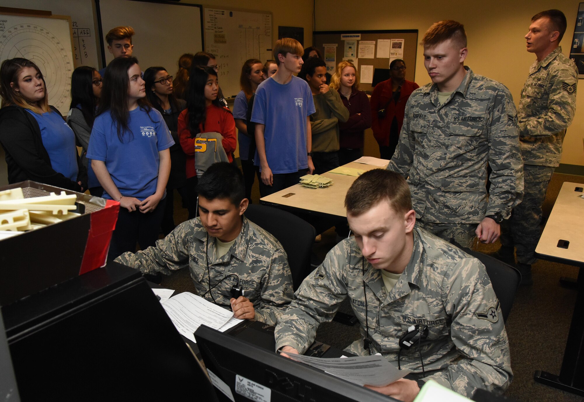 Local high school freshmen receive a 334th Training Squadron air traffic control course overview at Cody Hall during the Biloxi Chamber of Commerce Gulf Coast Junior Leadership Tour Jan. 24, 2017, on Keesler Air Force Base, Miss. The group’s objective is to produce students of outstanding character, while teaching them about community needs and what it takes to become a leader in today’s society. The tour also included a military training leader briefing and a dorm tour. (U.S. Air Force photo by Kemberly Groue)