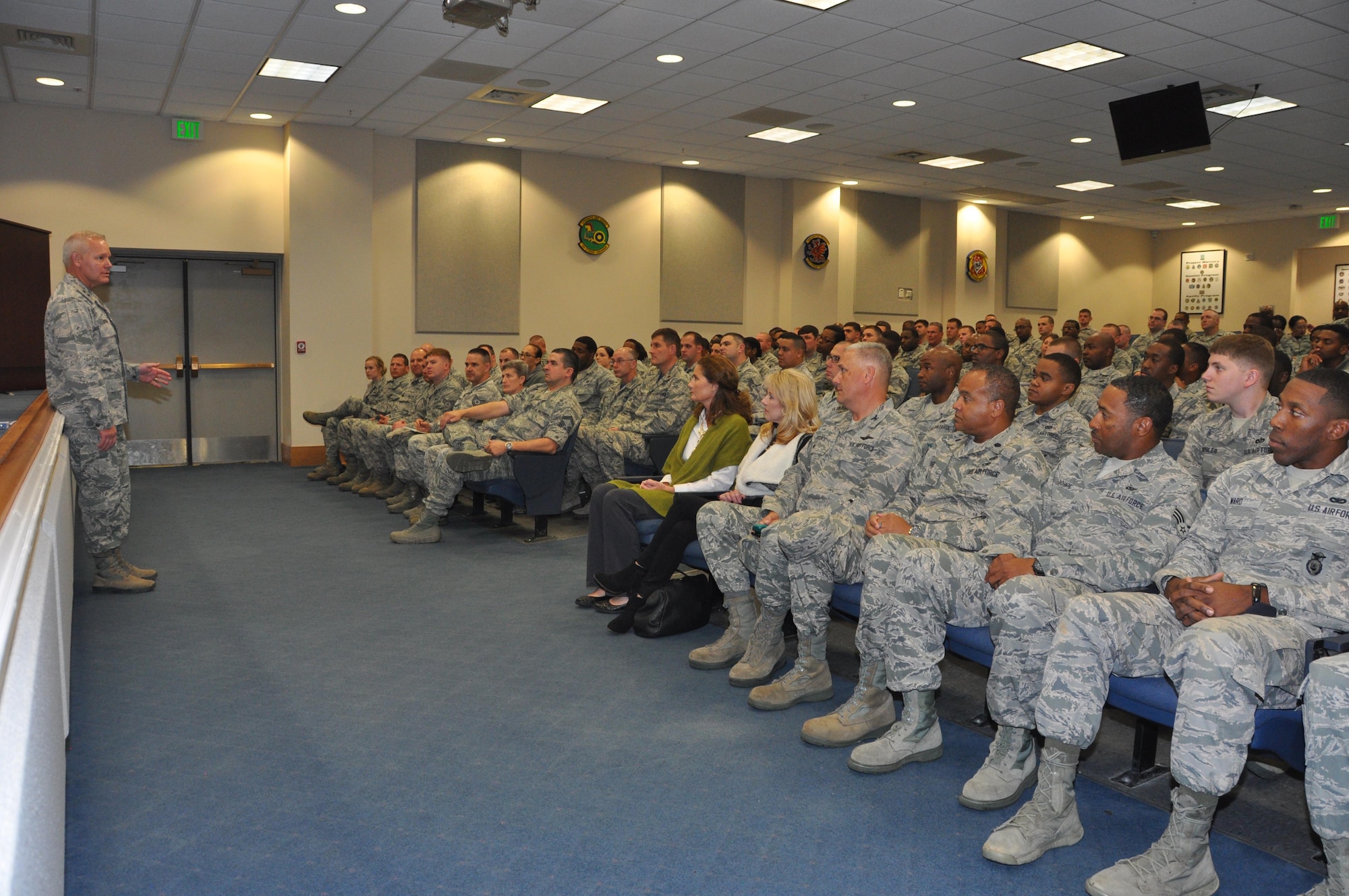 Commanding General of the 22nd Air Force, Maj. Gen. John Stokes, speaks with members of the 908th Airlift Wing that could be deploying soon, Dec. 3 at Maxwell Air Force Base. Stokes wanted to thank the Airmen and ensure they were prepared for their pending mission. (U.S. Air Force photo by Bradley J. Clark)
