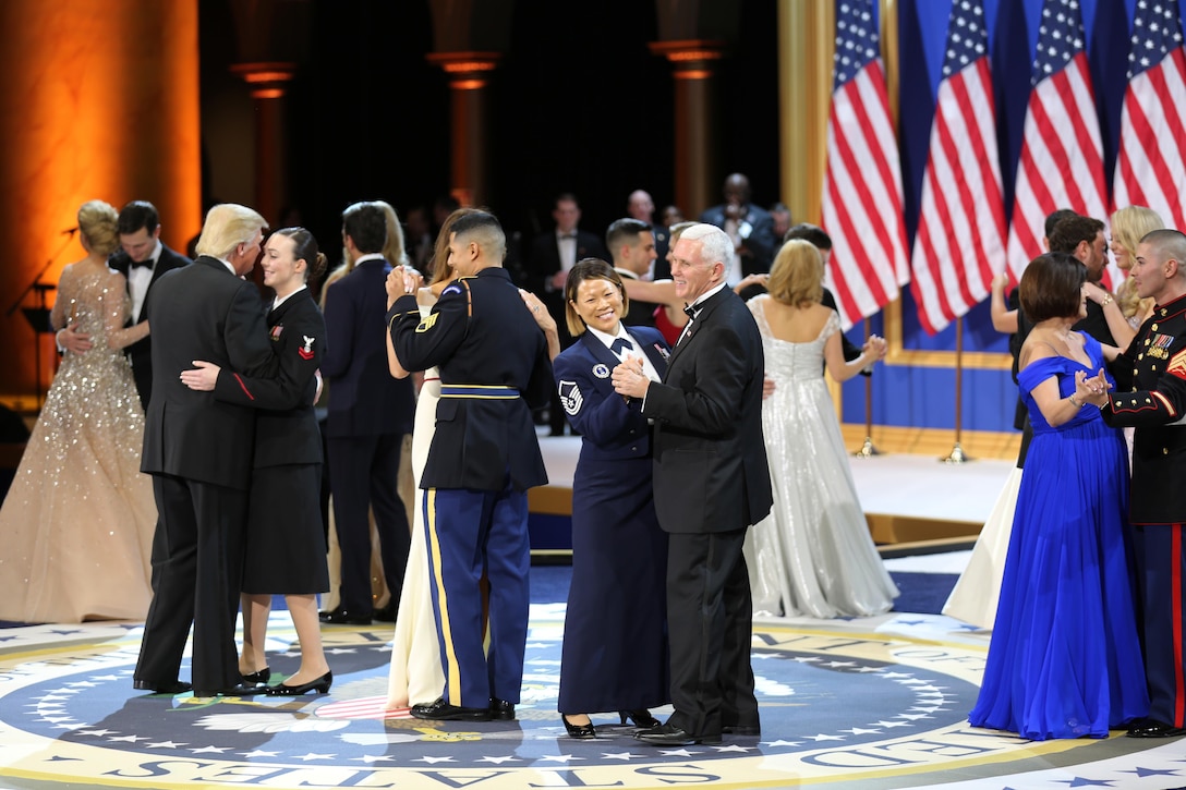 President Donald J. Trump; First Lady Melania Trump; Vice President Michael R. Pence; and his wife, Karen Pence, dance with service members at the Salute to Our Armed Services Ball at the National Building Museum in Washington, D.C., Jan. 20, 2017. DoD photo by Army Sgt. Kalie Jones