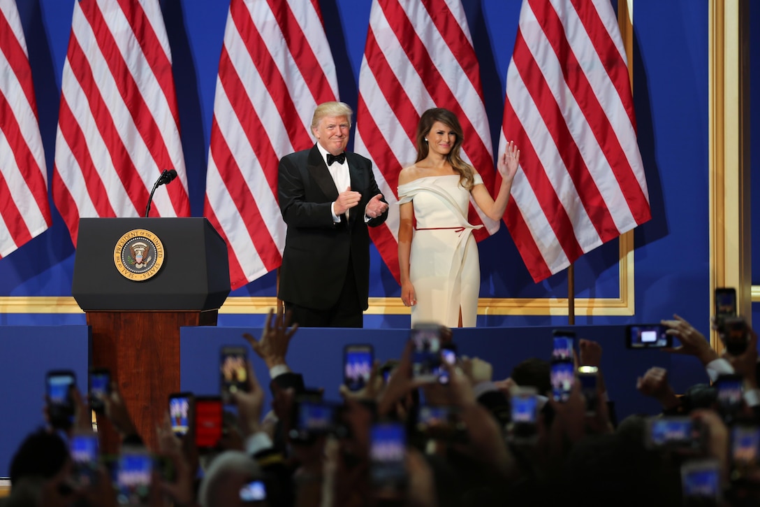 President Donald J. Trump and First Lady Melania Trump greet service members at the Salute to Our Armed Services Ball at the National Building Museum in Washington, D.C., Jan. 20, 2017. The event, one of three official inaugural balls, paid tribute to service members from all the branches of the military, as well as first responders and emergency personnel. DoD photo by Army Sgt. Kalie Jones