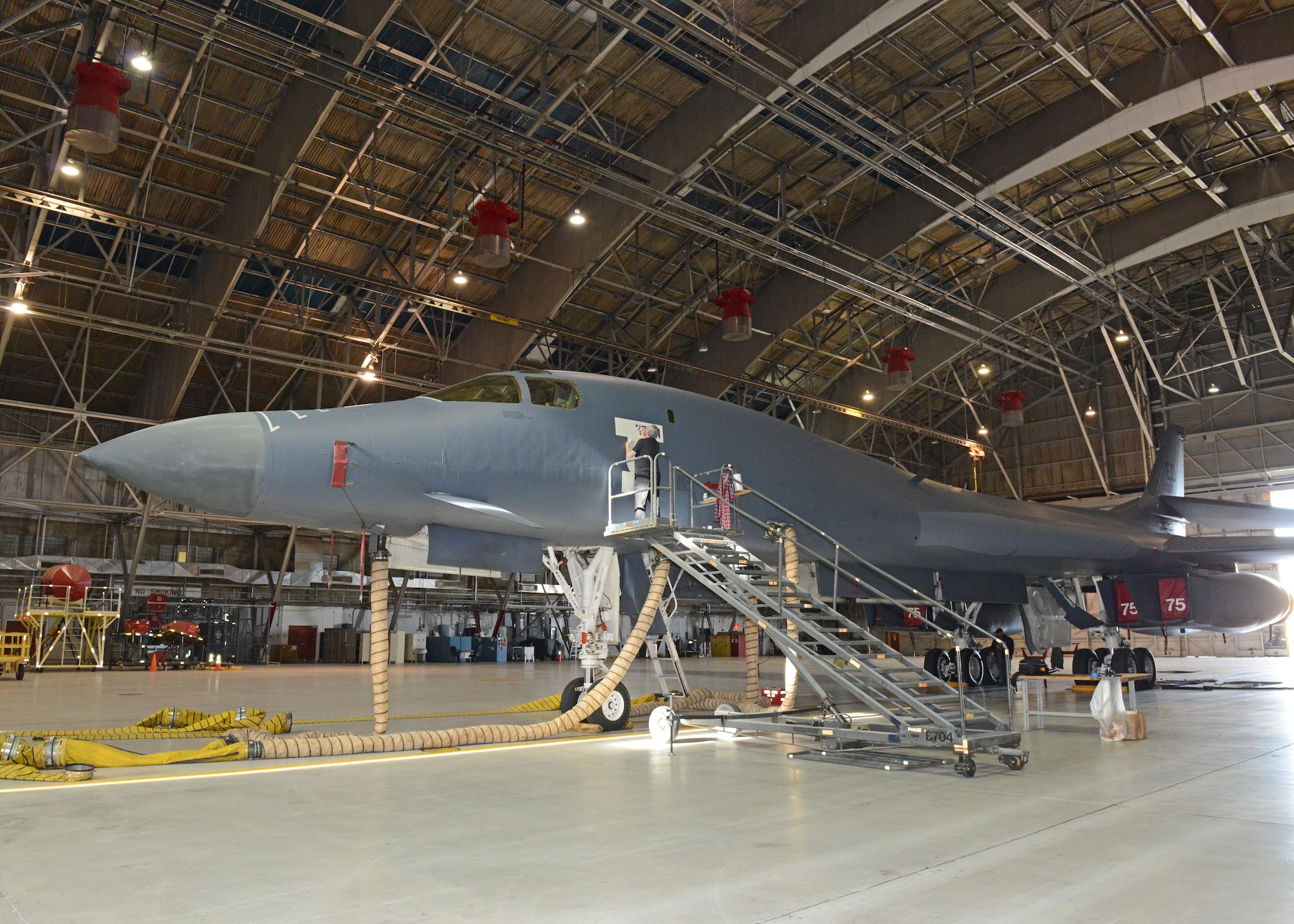 The B-1 Lancer was chosen to receive a Desert Junior-Senior High School logo as it is the favorite plane for the students when they visit the 419th Flight Test Squadron and 912th Aircraft Maintenance Unit for tours. (U.S. Air Force photo by Kenji Thuloweit)