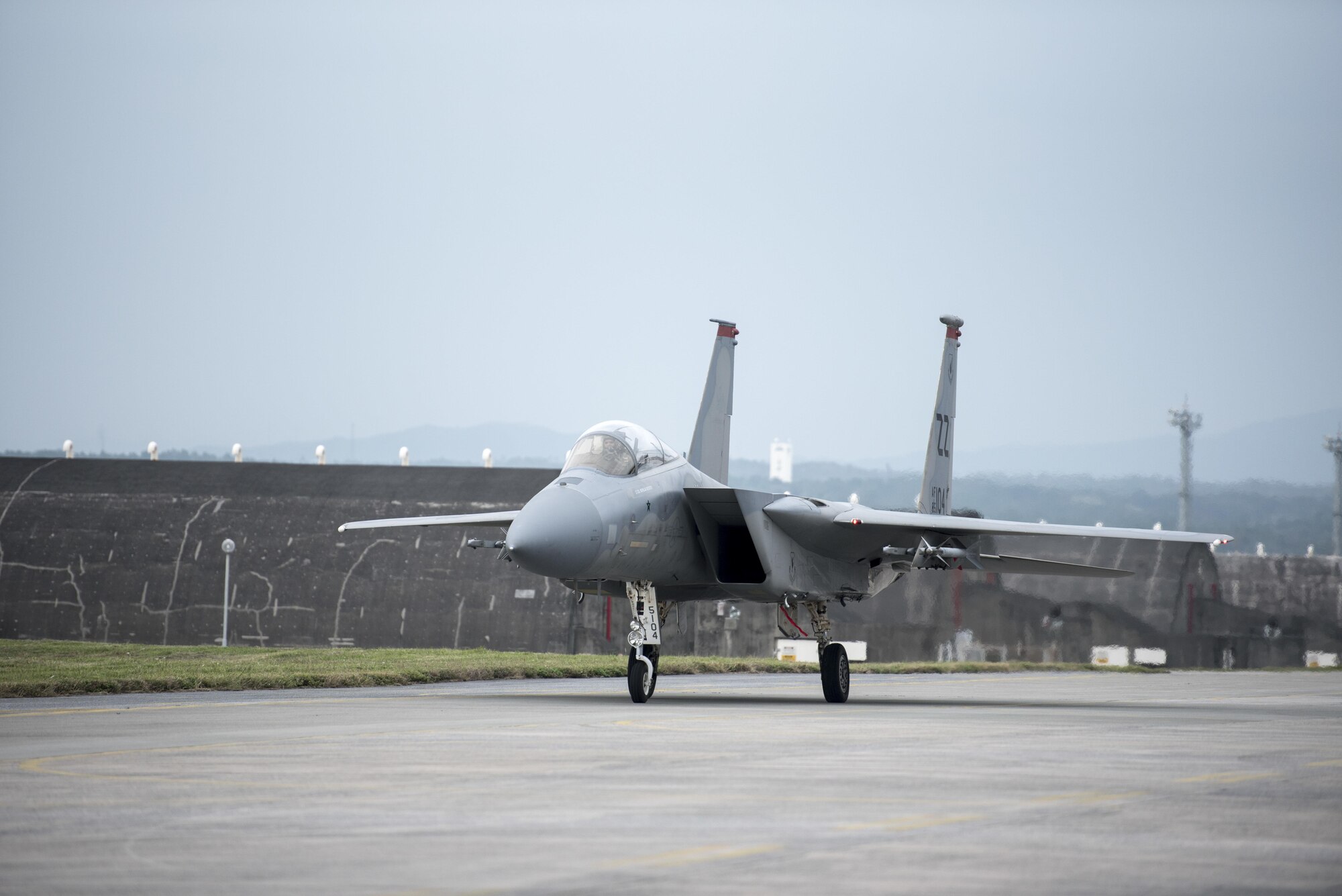 A U.S. Air Force F-15 Eagle taxis off of the flightline for a pit stop Jan 10, 2017, at Kadena Air Base, Japan. The 67th Aircraft Maintenance Unit works night and day to ensure the F-15 Eagles on Kadena Air Base are combat ready. (U.S. Air Force photo by Senior Airman Omari Bernard/Released)