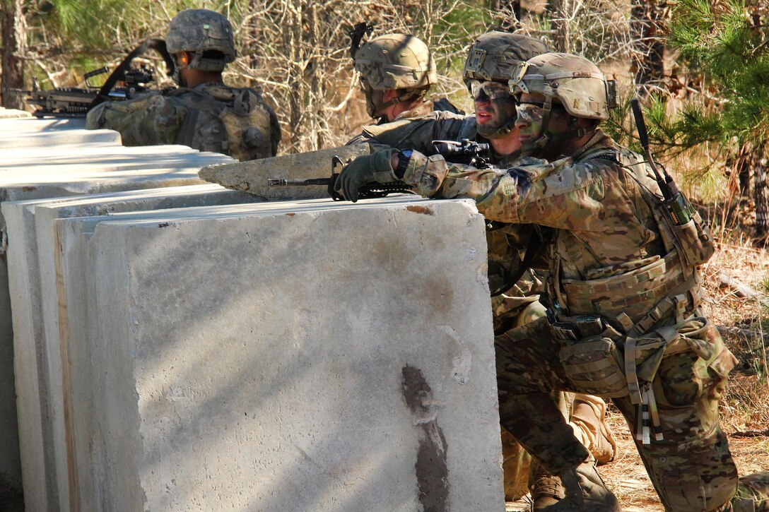 Soldiers provide security while conducting live-fire training as part of Joint Readiness Training Center Rotation 17-03 at Fort Polk, La., Jan. 21, 2017. Army photo