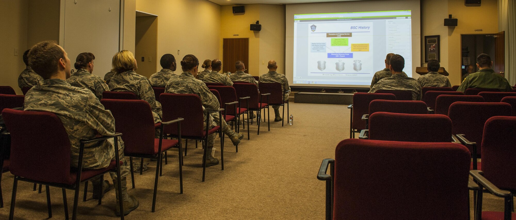 U.S. Air Force Biomedical Science Corps members attend an all-call at the Kadena clinic at Kadena Air Base, Japan Jan. 24, 2017. The BSC appreciation week's events allow medical personnel to highlight the hard work members participate in year-round, giving back to the community.  (U.S. Air Force photo by Airman 1st Class Nick Emerick/Released) 