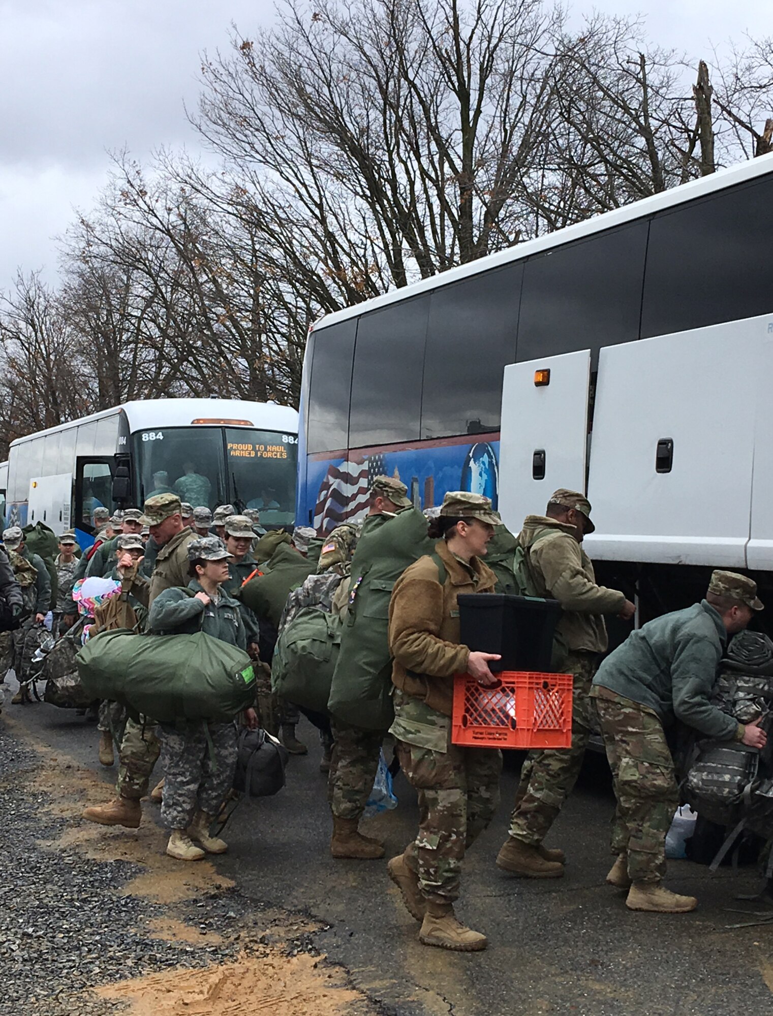 Pennsylvania National Guardsmen at Fort Indiantown Gap, Annville, Pa., prepare to head to Washington, D.C. Jan 18, 2017, to support the 58th Presidential Inauguration. Along with about 7,000 troops across the nation, approximately 2,000 Commonwealth Soldiers and Airmen were tasked with inaugural missions including crowd management, traffic control, emergency services and communication and ceremonial duties. (U.S. Air National Guard photo by 2nd Lt. Susan Penning/Released) 