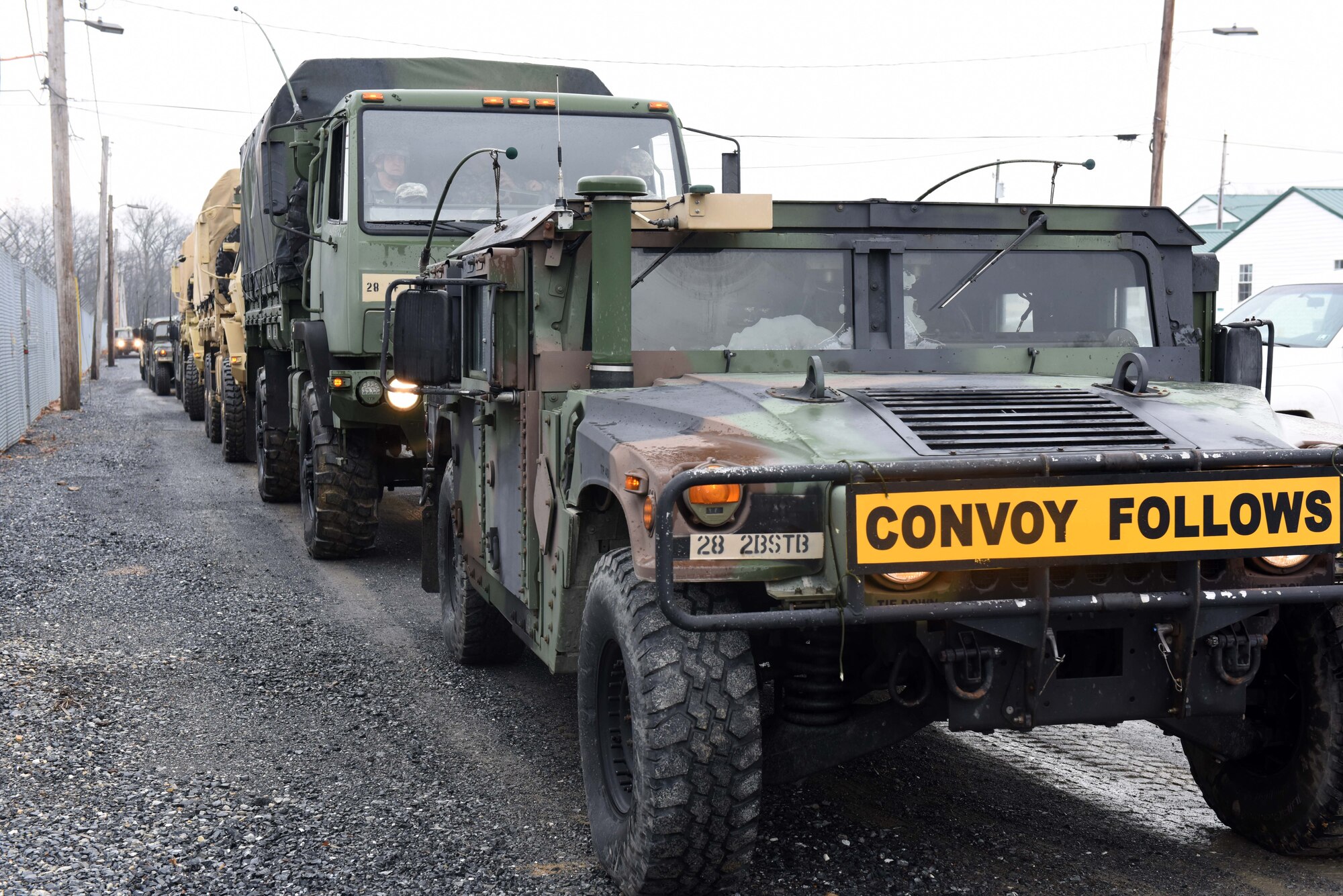 Pennsylvania National Guard troops prepare a convoy from Fort Indiantown Gap, Annville, Pa., to head to Washington D.C. Jan. 18 in support of the 58th Presidential Inauguration. Along with about 7,000 troops across the nation, approximately 1,000 Commonwealth Soldiers and Airmen were tasked with critical inaugural missions, including crowd management, traffic control, emergency services and communication and ceremonial duties. (U.S. Air National Guard photo by 2nd Lt. Susan Penning/Released)  