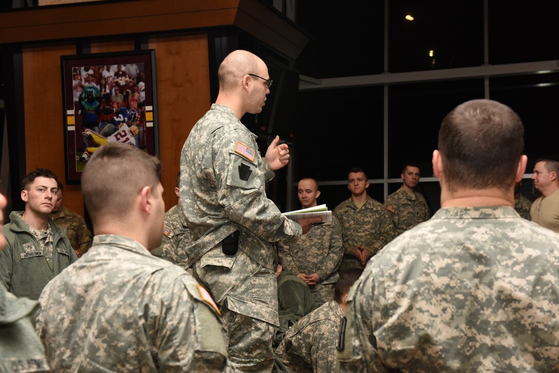 Pennsylvania Army National Guard Soldiers receive final instructions before departing FedEx Field, Washington, D.C., on Jan. 21, 2017. More than 1,000 Soldiers and Airmen from the Commonwealth joined more than 7,000 troops from around the country, arriving at the nation's capitol to help support a safe, secure inauguration experience for the American public. (U.S. Air National Guard photo by 2nd Lt. Susan Penning/Released) 
