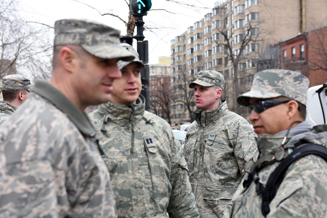 Pennsylvania Air National Guardsmen prepare to man a traffic control point in Washington, D.C., Jan. 20, 2017, during the 58th Presidential Inauguration. More than 1,000 PANG Soldiers and Airmen headed to D.C. to support law enforcement and provide a safe, secure inauguration experience for the American public. They joined more than 7,000 Guardsmen from 44 states. (U.S. Air National Guard photo by 2nd Lt. Susan Penning/Released) 