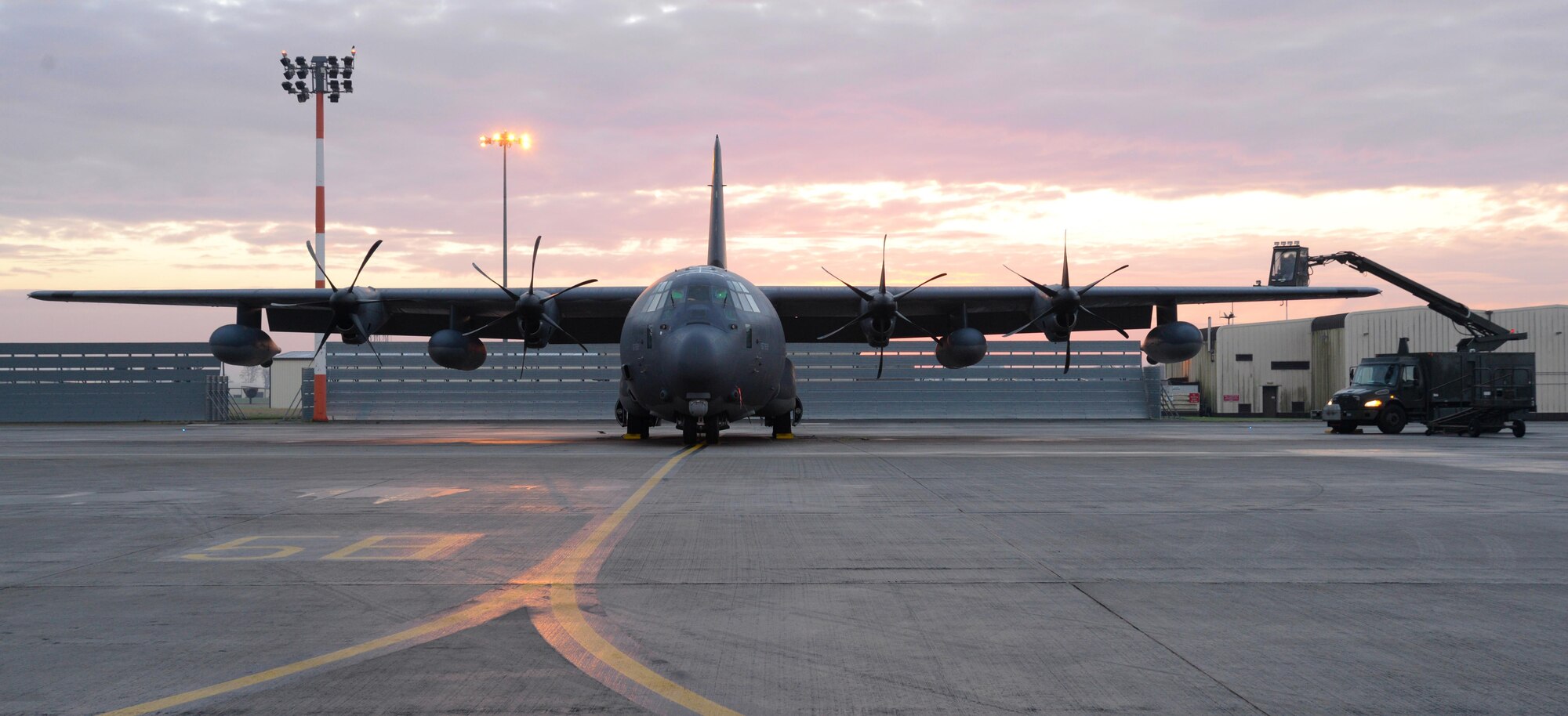 An MC-130J Commando II, from the 67th Special Operations Squadron, is prepared for de-icing during pre-flight procedures Jan. 17, 2017, on RAF Mildenhall, England. Freezing temperatures can cause ice to build up on the aircraft. De-icing procedures ensure that the aircraft’s flight controls are free-moving during take-off and inflight. (U.S. Air Force photo by Senior Airman Justine Rho)