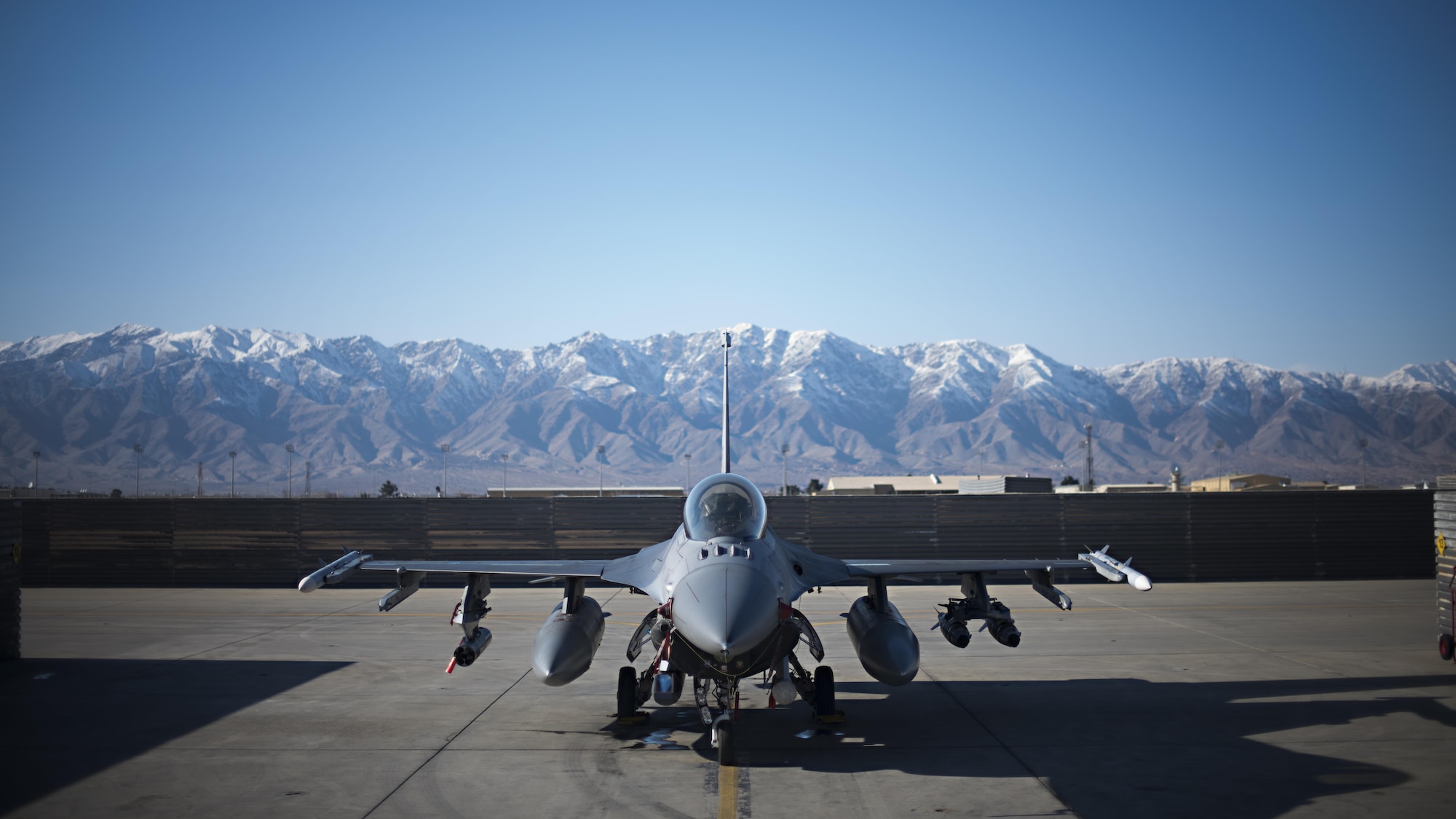 An F-16 Fighting Falcon belonging to the 79th Expeditionary Fighter Squadron out of Shaw Air Force Base, South Carolina, sits on the ramp after returning from a mission at Bagram Airfield, Afghanistan, Jan. 6, 2017. The 79th EFS at Bagram provides counterterrorism to enable a successful train, advise, assist campaign. (U.S. Air Force photo by Staff Sgt. Katherine Spessa)