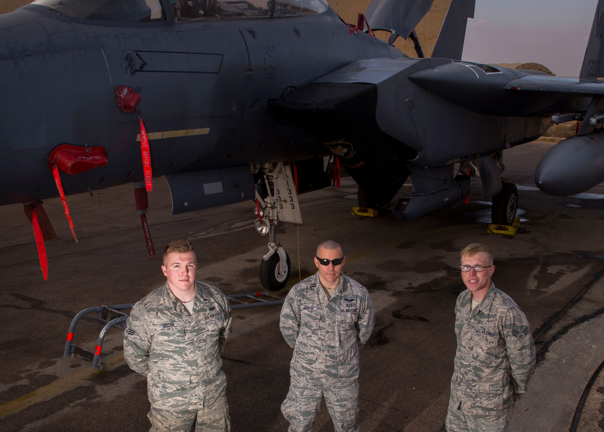 Three Airmen from Dillsburg, Pennsylvania pose for a photo in Southwest Asia. All of these Airmen graduated from the same high school and are now serving overseas together. (U.S. Air Force photo by Staff Sgt. Eboni Reams)