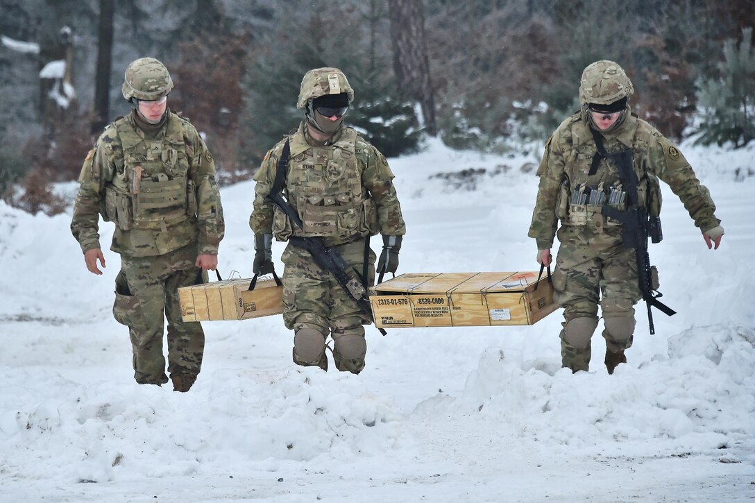 Soldiers prepare for a mortar live-fire exercise at the 7th Army Training Command’s Grafenwoehr Training Area in Germany, Jan. 24, 2017. Army photo by Gertrud Zach