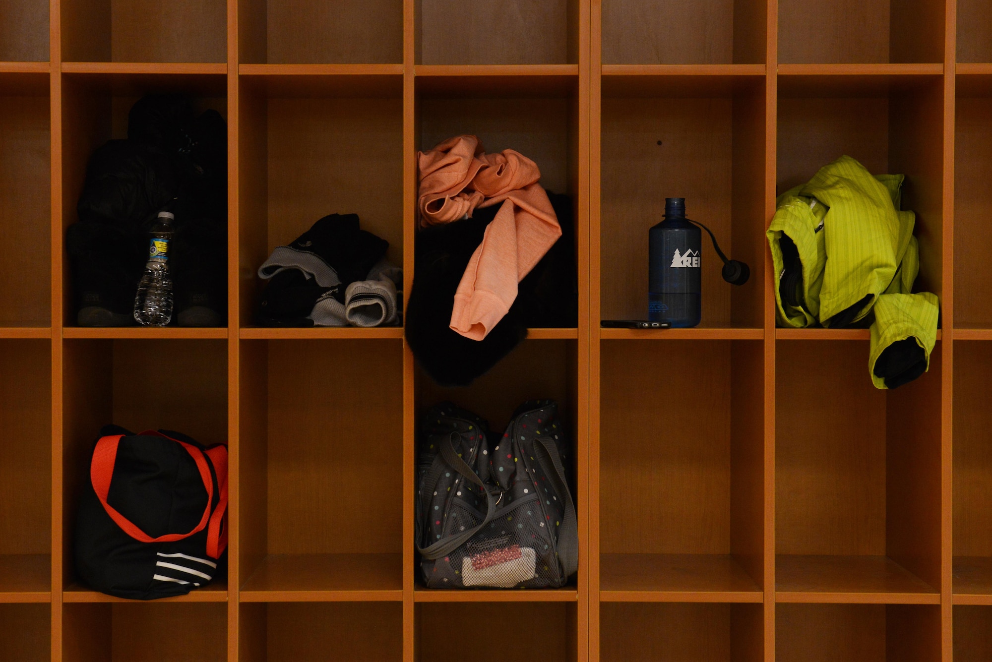 Participants stash their items in the Elmendorf Fitness Center aerobic room’s cubbies during a group-exercise class at the Elmendorf Fitness Center at Joint Base Elmendorf-Richardson, Alaska, Jan. 17, 2017. All classes last approximately an hour and welcome participants of all skill levels who are 16 years older with base access. 