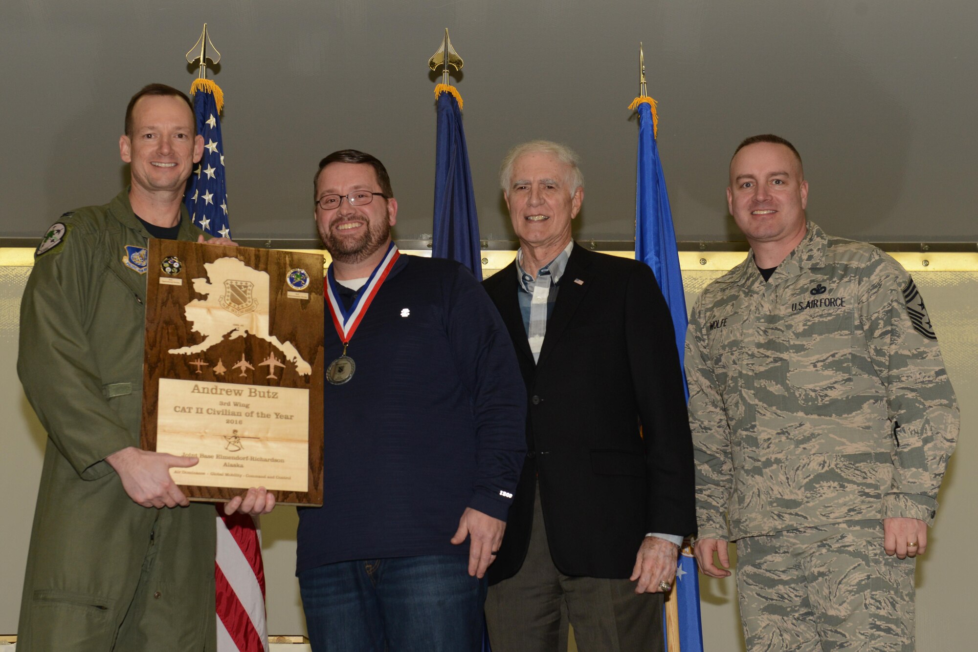 Air Force personnel assigned to the 3rd Wing are recognized during the Annual Awards Banquet hosted in Hangar 1 at Joint Base Elmendorf-Richardson, Alaska, Feb. 20, 2017. 