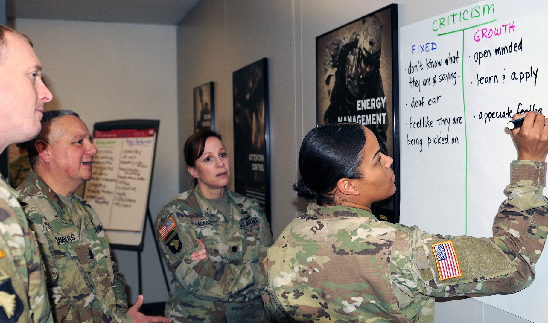 Soldiers chart differences between how fixed and growth mindset individuals approach criticism during an Executive Resilience and Performance Course on Jan. 20 at the Joint Base San Antonio-Fort Sam Houston Comprehensive Soldiers and Family Fitness Training Center.