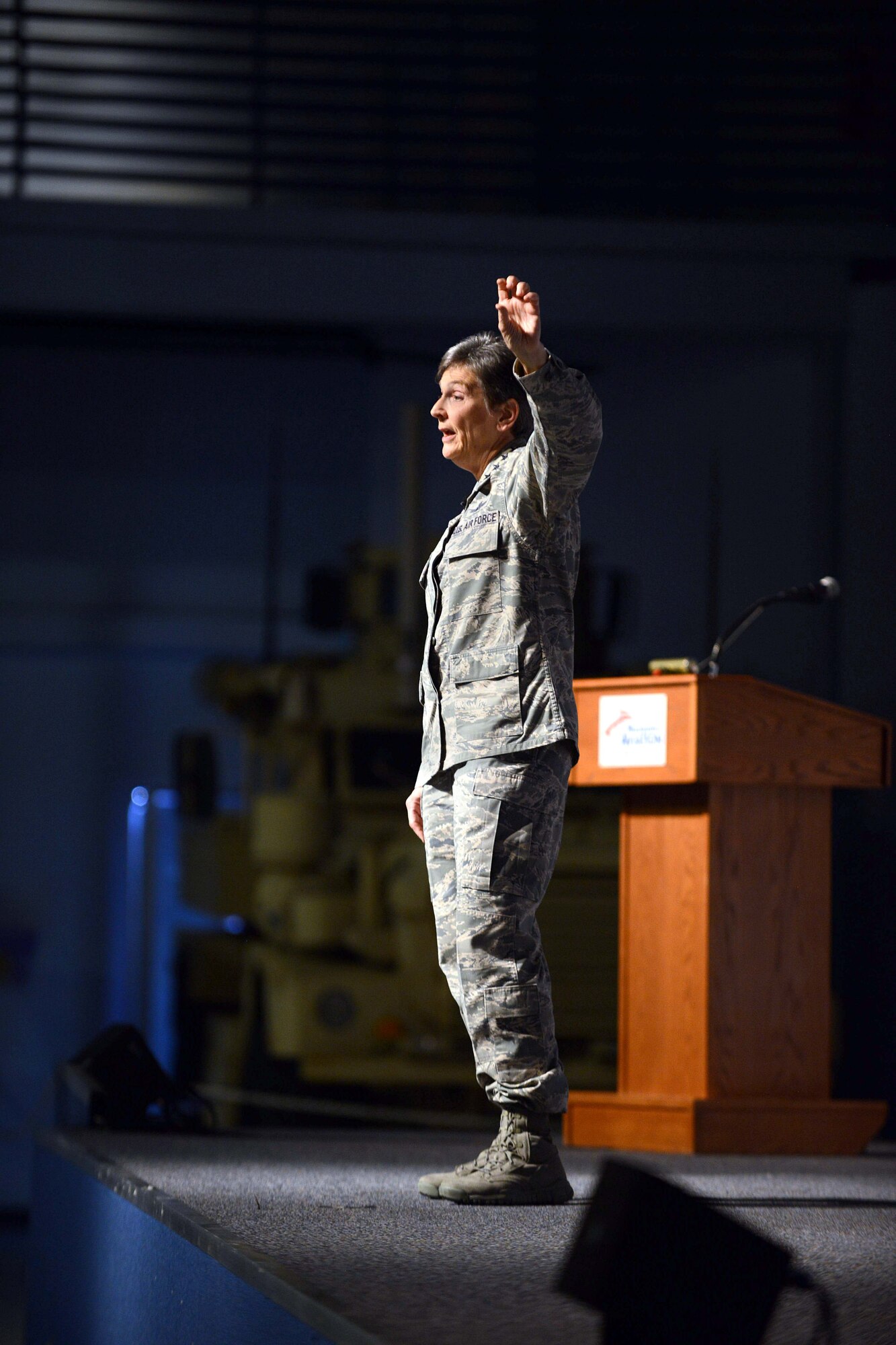 Gen. Ellen Pawlikowski, Air Force Materiel Command commander, speaks to members of Team Robins during her commanders call at the Museum of Aviation Century of Flight Hangar Jan. 18, 2017. During the commanders call, the general discussed the AFMC Strategic Plan, released in 2016, which established the following four goals: Increase AFMC's agility in order to best support the Air Force enterprise; Bolster trust and confidence of those AFMC serves; Drive cost-effectiveness into the capabilities the command provides; and, Recruit, develop and retain a diverse, high-performing and resilient team. In closing the general told the audience, "Thanks for what you do. It makes me proud to be a part of Air Force Materiel Command." (U.S. Air Force photo by Tommie Horton)