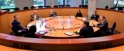 Gen. John E. Hyten (left), commander of U.S. Strategic Command (USSTRATCOM), attends a round table discussion at Stanford University, Calif., Jan. 24, 2017.  The distinguished attendees at the roundtable included co-directors of the Center for International Security and Cooperation (CISAC), former U.S. secretaries of state and defense and other honored fellows at Stanford University. Hyten visited Stanford University for discussions on space, cyberspace and deterrence at the CISAC. 