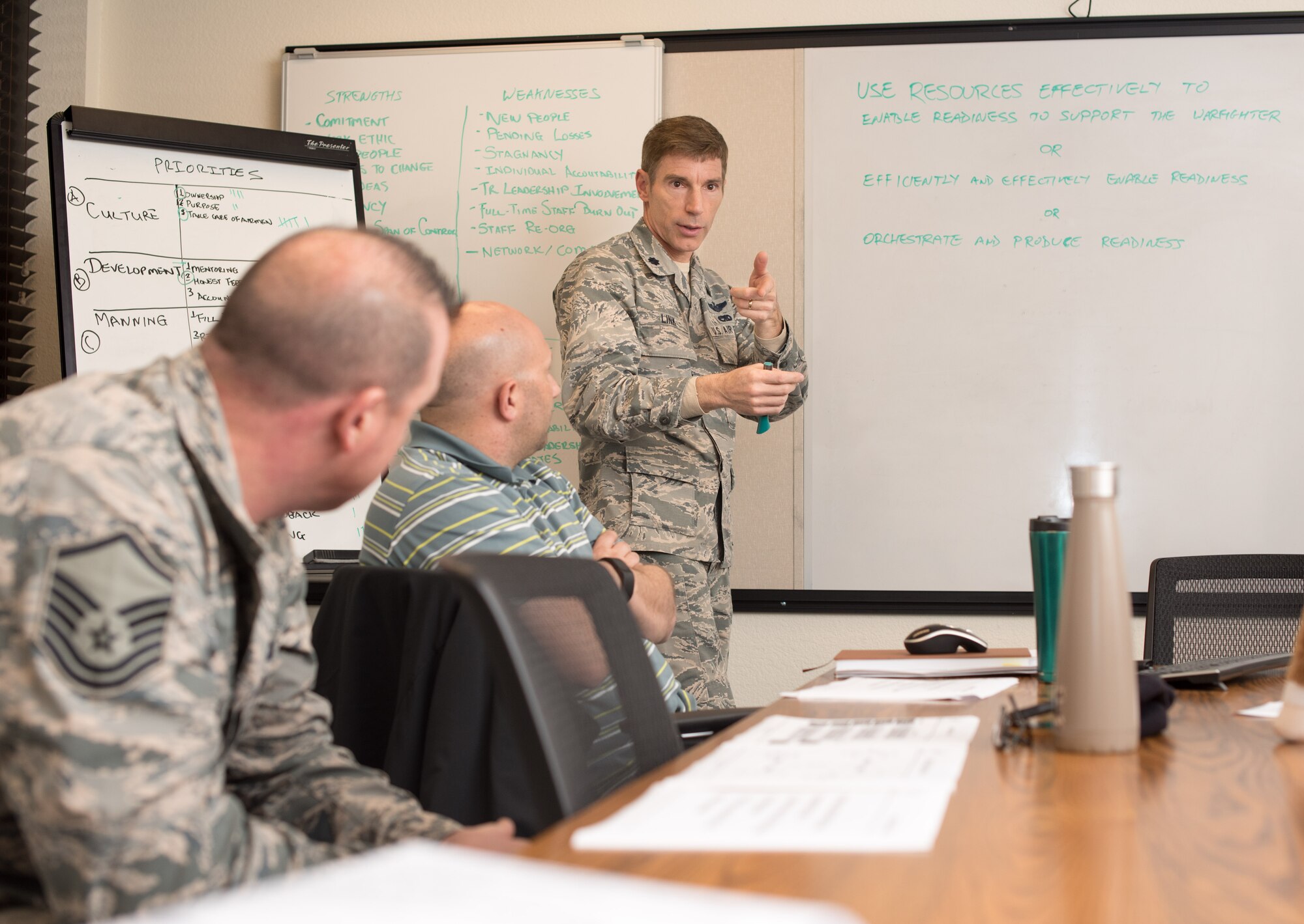 Lt. Col. Wil Link, 349th Air Mobility Wing process manager, facilitates a strategic alignment event with key 349th Mission Support Group staff at Travis Air Force Base, Calif. The Jan. 10, 2017 event helped the group craft mission and vision statements, as well as priorities for the 349th MSG. Link said Air Force continuous process methodology “helps the 349th AMW provide the maximum combat capability from each dollar spent.”