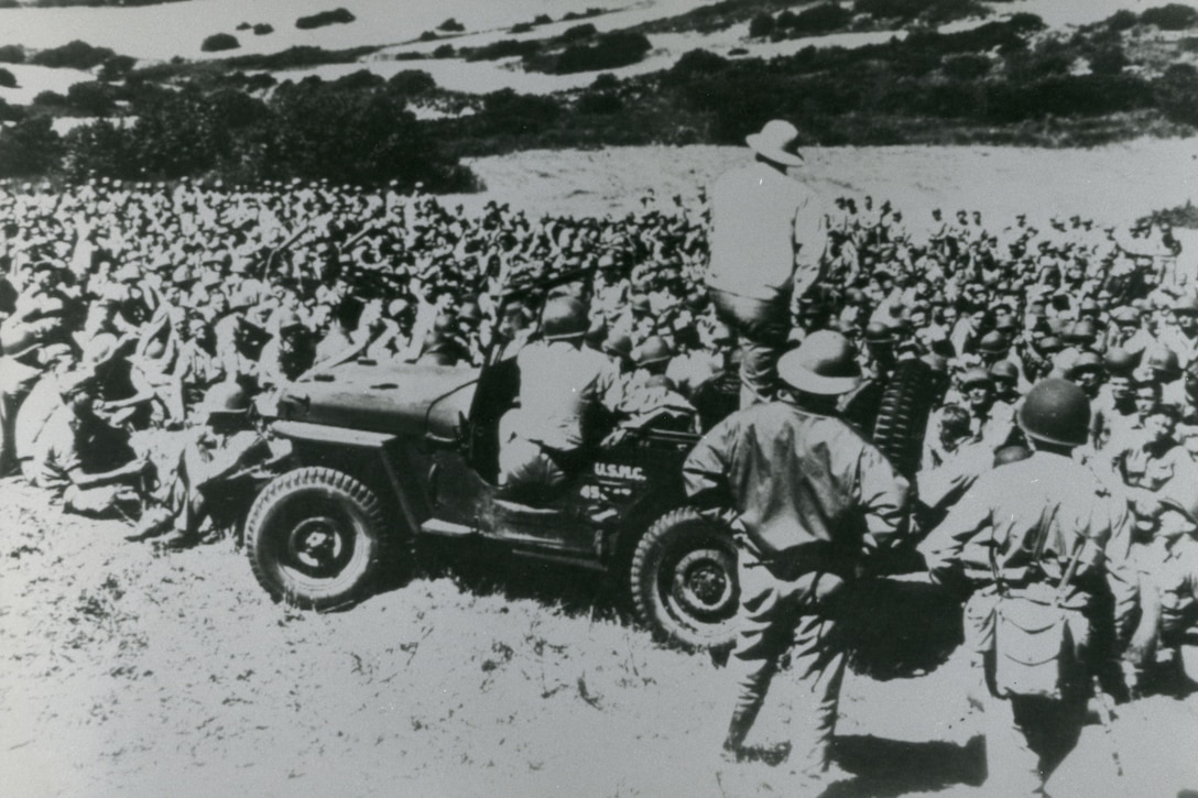 MGen Joseph Fegan, CG, Camp Pendleton, speaks to Marines upon arrival to Camp Pendleton from Camp Elliott (San Diego, CA) - September 1942