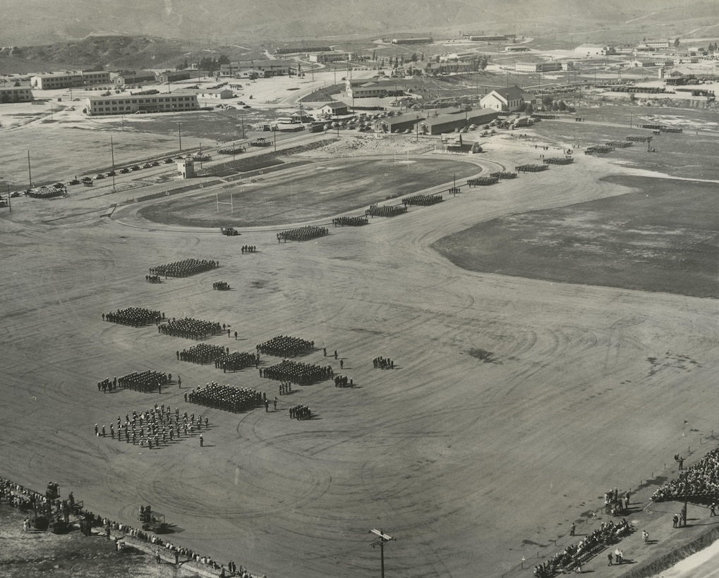 Aerial view of the annual Dress Blues Parade and Review; units from the 1st Marine Division and Marine Barracks, Camp Joseph H. Pendleton participated in this parade and review (March 1950)