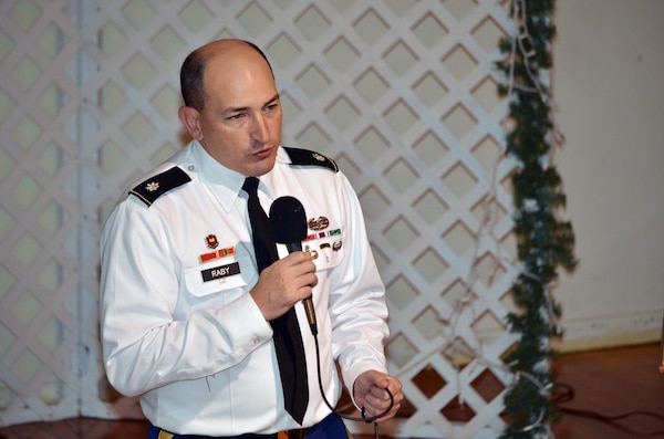 U.S. Army Corps of Engineers, Mobile District (USACE), Deputy Commander Lt. Col. Landon Raby addresses attendees during a public scoping meeting for the proposed Pascagoula River Drought Resiliency Project Jan. 24 at the George County Senior Citizens Building in Lucedale, Miss. During the meeting, the USACE collected public comments on the project that will be used in the development of an Environmental Impact Statement. More than 200 members of the public attended to voice their opinions on the project.