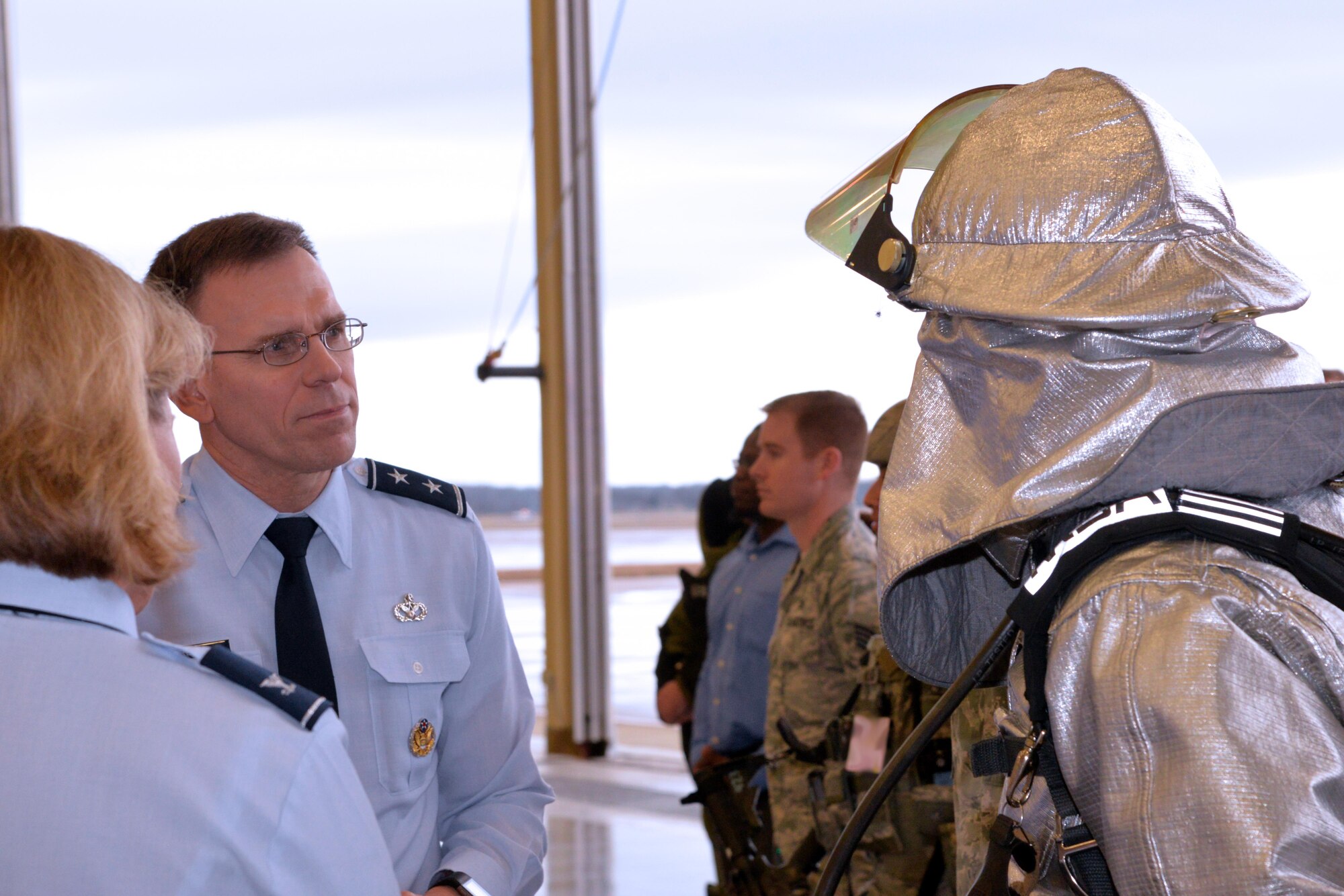 Air Force Installation Excellence Selection Board members Maj. Gen. Timothy Green, Headquarters Air Force director of civil engineers, deputy chief of staff for logistics, engineering and force protection, and Col. Deanna Burt, 50th Space Wing commander, interview a 2nd Civil Engineer Squadron firefighter at Barksdale Air Force Base, La., Jan. 17, 2017. Barksdale is under consideration for the 2017 Commander-in-Chief’s Installation Excellence Award, a presidential award for exemplary support of Department of Defense missions.