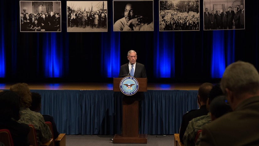Defense Secretary Jim Mattis delivers remarks at the 33rd annual Dr. Martin Luther King Jr. observance ceremony at the Pentagon.  