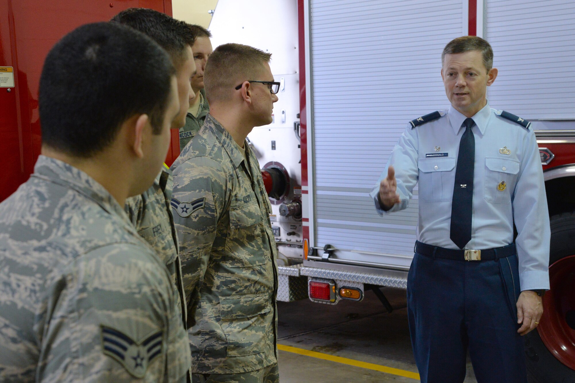 Col. Brad McDonald, 88th Air Base Wing commander, asks 2nd Civil Engineer Squadron Airmen about their personal goals during a Commander-in-Chief’s Installations Excellence Award evaluation at Barksdale Air Force Base, La., Jan. 18, 2017. McDonald and several other Air Force Installation Excellence Selection Board members toured more than 50 work centers over the course of the two-day evaluation, meeting with Team Barksdale members from both the 2nd and 307th Bomb Wings, 8th Air Force, Air Force Global Strike Command and other mission partners.