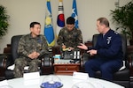 U.S. Air Force Maj. Gen. Clinton Crosier (right), U.S. Strategic Command plans and policy director, speaks to Republic of Korea Air Force (ROKAF) Lt. Gen. Keon Wan Lee (left), ROKAF vice deputy chief of staff, during an office call at ROKAF Headquarters in Gyeryong-Si, Republic of Korea (ROK), Jan. 20, 2017. Crosier visited the ROKAF Headquarters and the Korean Space Operations Center to meet with ROKAF leaders and discuss U.S.-ROK military collaboration in space. One of nine DoD unified combatant commands, USSTRATCOM has global strategic missions assigned through the Unified Command Plan that include strategic deterrence; space operations; cyberspace operations; joint electronic warfare; global strike; missile defense; intelligence, surveillance and reconnaissance; and analysis and targeting.