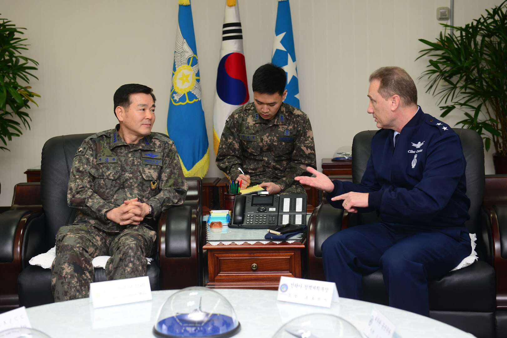 U.S. Air Force Maj. Gen. Clinton Crosier (right), U.S. Strategic Command plans and policy director, speaks to Republic of Korea Air Force (ROKAF) Lt. Gen. Keon Wan Lee (left), ROKAF vice deputy chief of staff, during an office call at ROKAF Headquarters in Gyeryong-Si, Republic of Korea (ROK), Jan. 20, 2017. Crosier visited the ROKAF Headquarters and the Korean Space Operations Center to meet with ROKAF leaders and discuss U.S.-ROK military collaboration in space. One of nine DoD unified combatant commands, USSTRATCOM has global strategic missions assigned through the Unified Command Plan that include strategic deterrence; space operations; cyberspace operations; joint electronic warfare; global strike; missile defense; intelligence, surveillance and reconnaissance; and analysis and targeting.