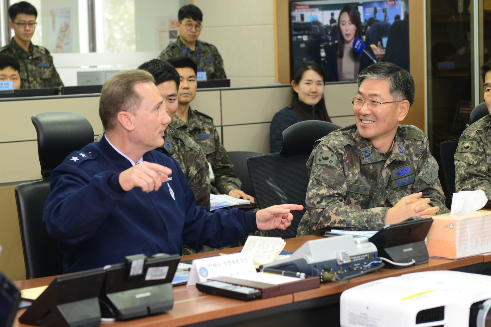 U.S. Air Force Maj. Gen. Clinton Crosier (left), U.S. Strategic Command plans and policy director, speaks to Republic of Korea Air Force (ROKAF) Brig. Gen. Dongkyu Lee, studies and analyses assessments wing commander, during a visit to the Korean Space Operations Center (KSpOC) in Gyeryong-Si, Republic of Korea (ROK), Jan. 20, 2017. Crosier visited the KSpOC and the ROKAF Headquarters to meet with ROKAF leaders and discuss U.S.-ROK military collaboration in space. One of nine DoD unified combatant commands, USSTRATCOM has global strategic missions assigned through the Unified Command Plan that include strategic deterrence; space operations; cyberspace operations; joint electronic warfare; global strike; missile defense; intelligence, surveillance and reconnaissance; and analysis and targeting. 
