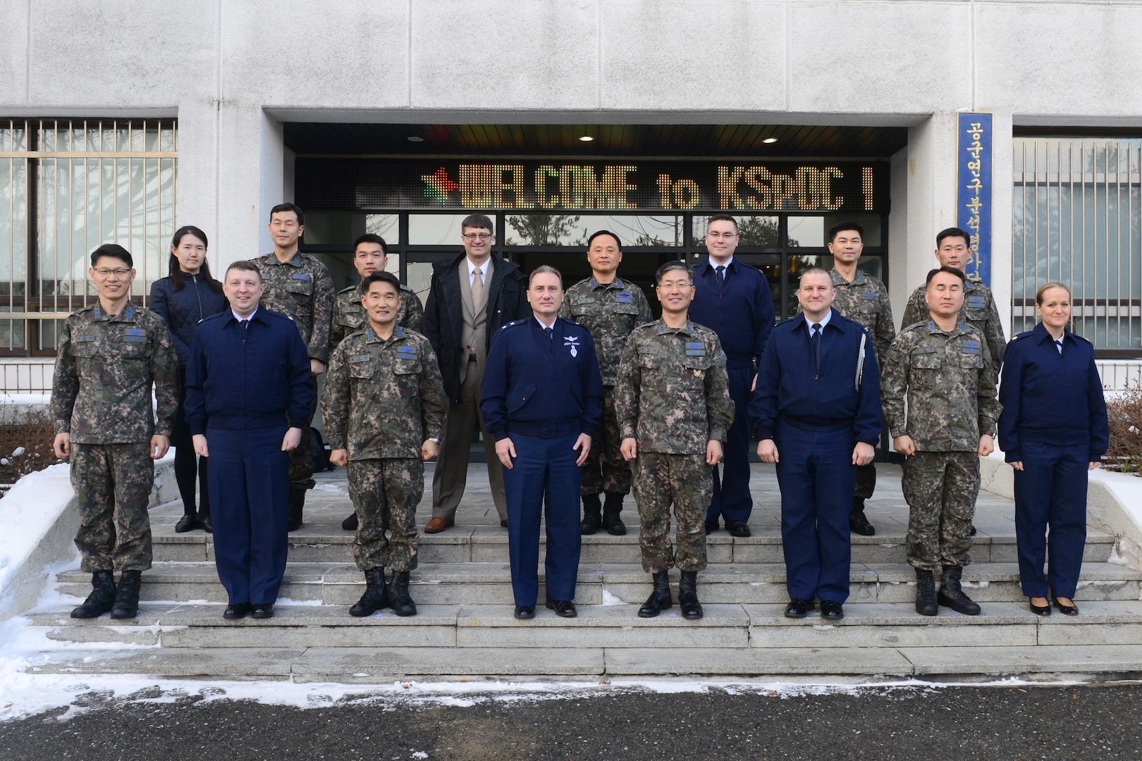U.S. Air Force Maj. Gen. Clinton Crosier (front row, fourth from left), U.S. Strategic Command plans and policy director, and Republic of Korea Air Force (ROKAF) Brig. Gen. Dongkyu Lee (front row, fourth from right), studies and analyses assessments wing commander, visit the Korean Space Operations Center (KSpOC) in Gyeryong-Si, Republic of Korea (ROK), Jan. 20, 2017. Crosier visited the KSpOC and the ROKAF Headquarters to meet with ROKAF leaders and discuss U.S.-ROK military collaboration in space. One of nine DoD unified combatant commands, USSTRATCOM has global strategic missions assigned through the Unified Command Plan that include strategic deterrence; space operations; cyberspace operations; joint electronic warfare; global strike; missile defense; intelligence, surveillance and reconnaissance; and analysis and targeting.