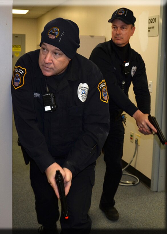Defense Logistics Agency Installation Support at Richmond police officers participate in an active shooter exercise Jan. 19, 2016 on Defense Supply Center Richmond, Virginia.
