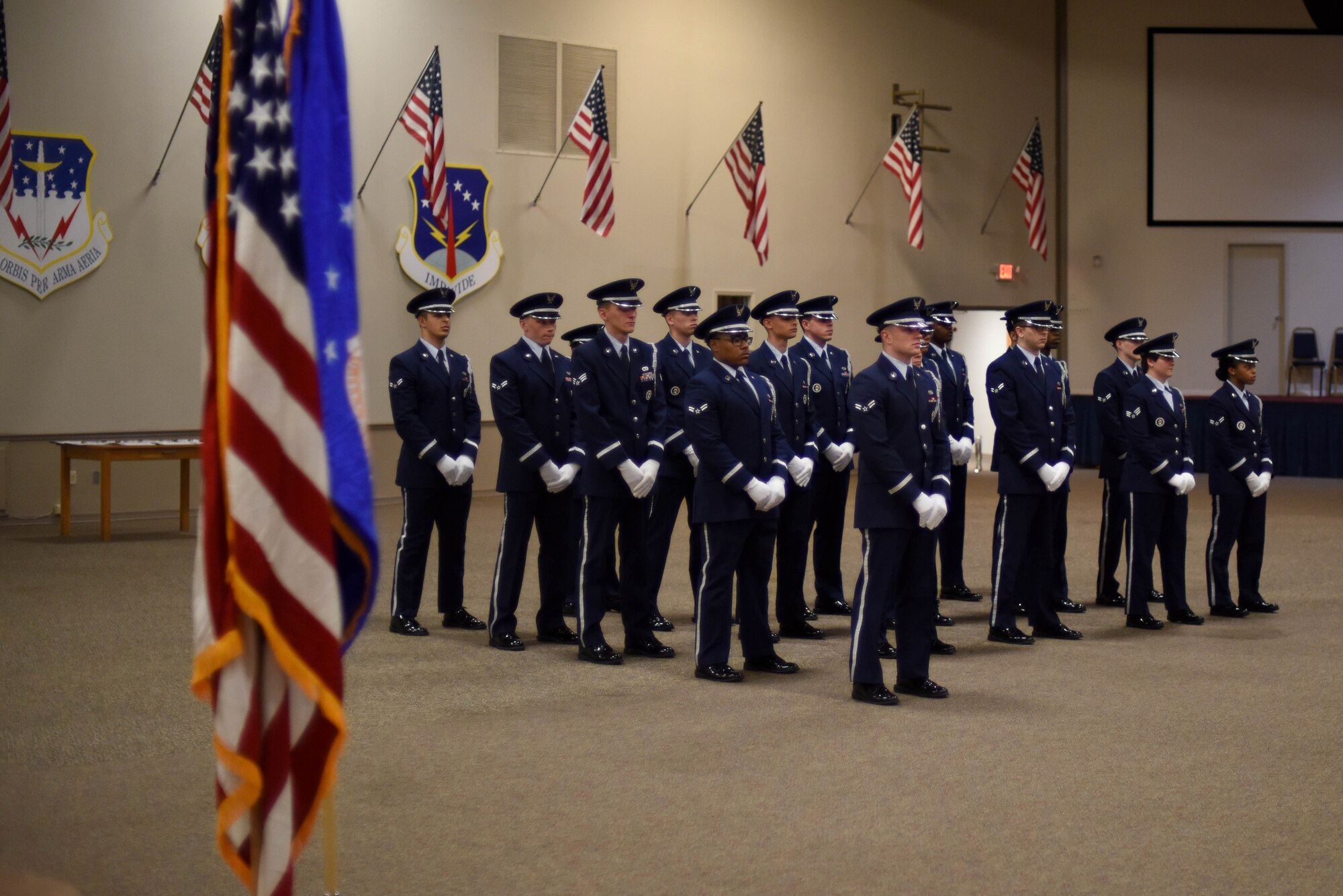 The members of the honor guard graduating class stand in formation at Barksdale Air Force Base, La., Jan. 23, 2017. There are two flights of honor guard, the main flight and the one on standby in case they are needed. (U.S. Air Force photo/Airman 1st Class Stuart Bright)