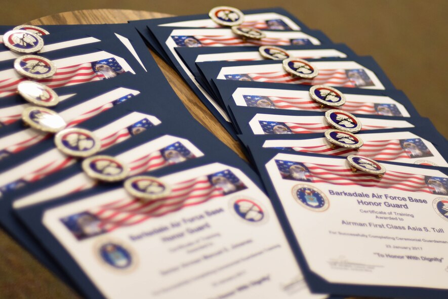 The certificates of the Honor Guard graduates are ready to be given out at Barksdale Air Force Base, La., Jan. 23, 2017. The most recent class took a month of training before graduating. (U.S. Air Force photo/Airman 1st Class Stuart Bright)