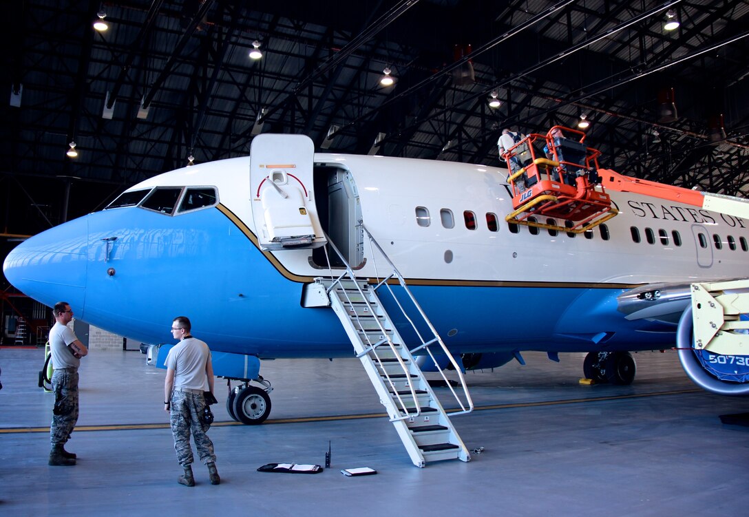 932nd Airlift Wing members spent time on an off-UTA (Unit Training Assembly) weekend, working on improving the Illinois unit, and leading people through training, administrative details, and real world physical projects.  The 932nd Maintenance Group moved higher on this lift to inspect the top of the C-40C on a warm day January 21, 2017, Scott Air Force Base, Ill. The 22nd Air Force unit is the only flying wing in the Air Force Reserve Command with the DV (Distinguished Visitor) mission, utilizing four of the unique C-40C aircraft to move the nation's leaders worldwide. (U.S. Air Force photo by Lt. Col. Stan Paregien)