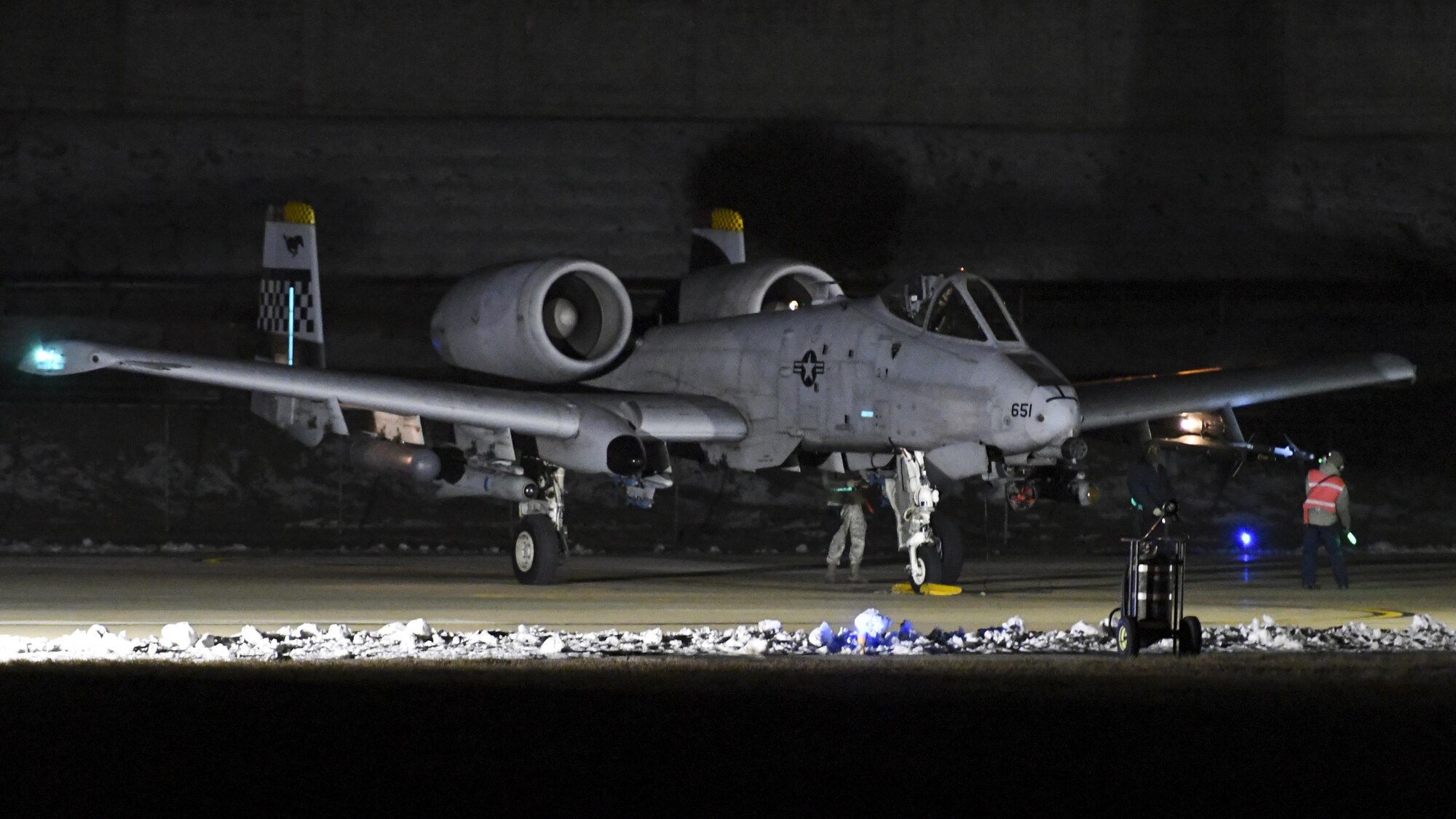 An A-10 Thunderbolt II assigned to the 25th Fighter Squadron is run through a final check before takeoff at Osan Air Base, Republic of Korea, Jan. 25, 2017. Several A-10s were flown in the mission, which was part of Exercise Pacific Thunder 17-1 and also the first night mission in the history of the exercise. (U.S. Air Force photo by Senior Airman Victor J. Caputo)
